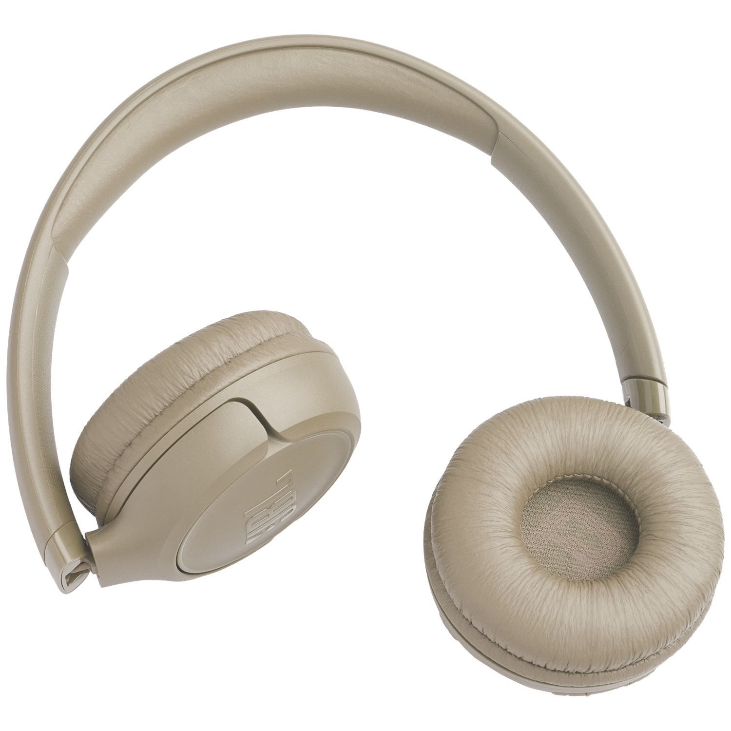 Casque audio de couleur beige avec un arceau incurvé et deux écouteurs. Un écouteur est visible avec le logo JBL, l'autre est isolé.