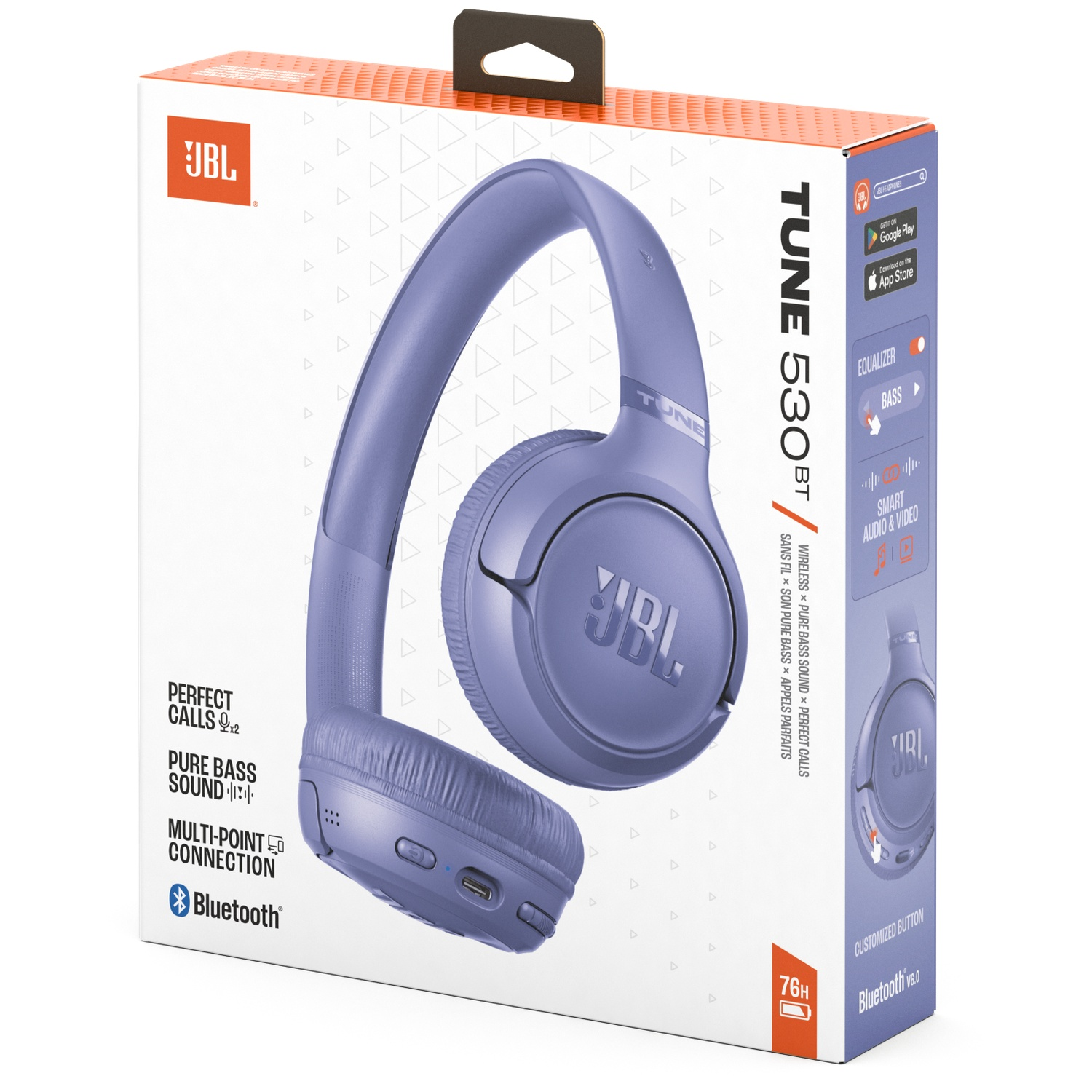 Une boîte d'écouteurs JBL Tune 530BT. Les écouteurs sont violets, la boîte est blanche avec des accents oranges et contient des détails sur le produit.