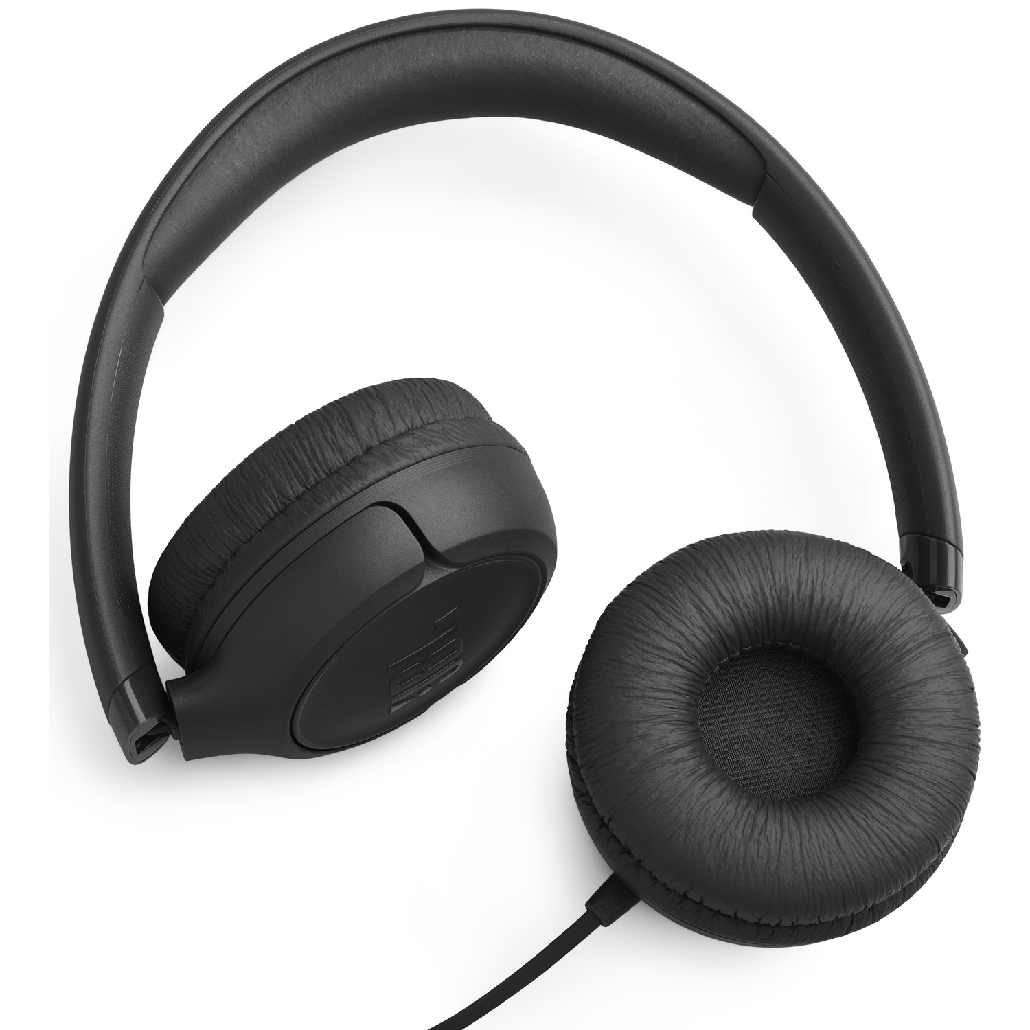 Casque JBL noir sur fond blanc. Le casque est de type supra-auriculaire, avec des oreillettes et un arceau.