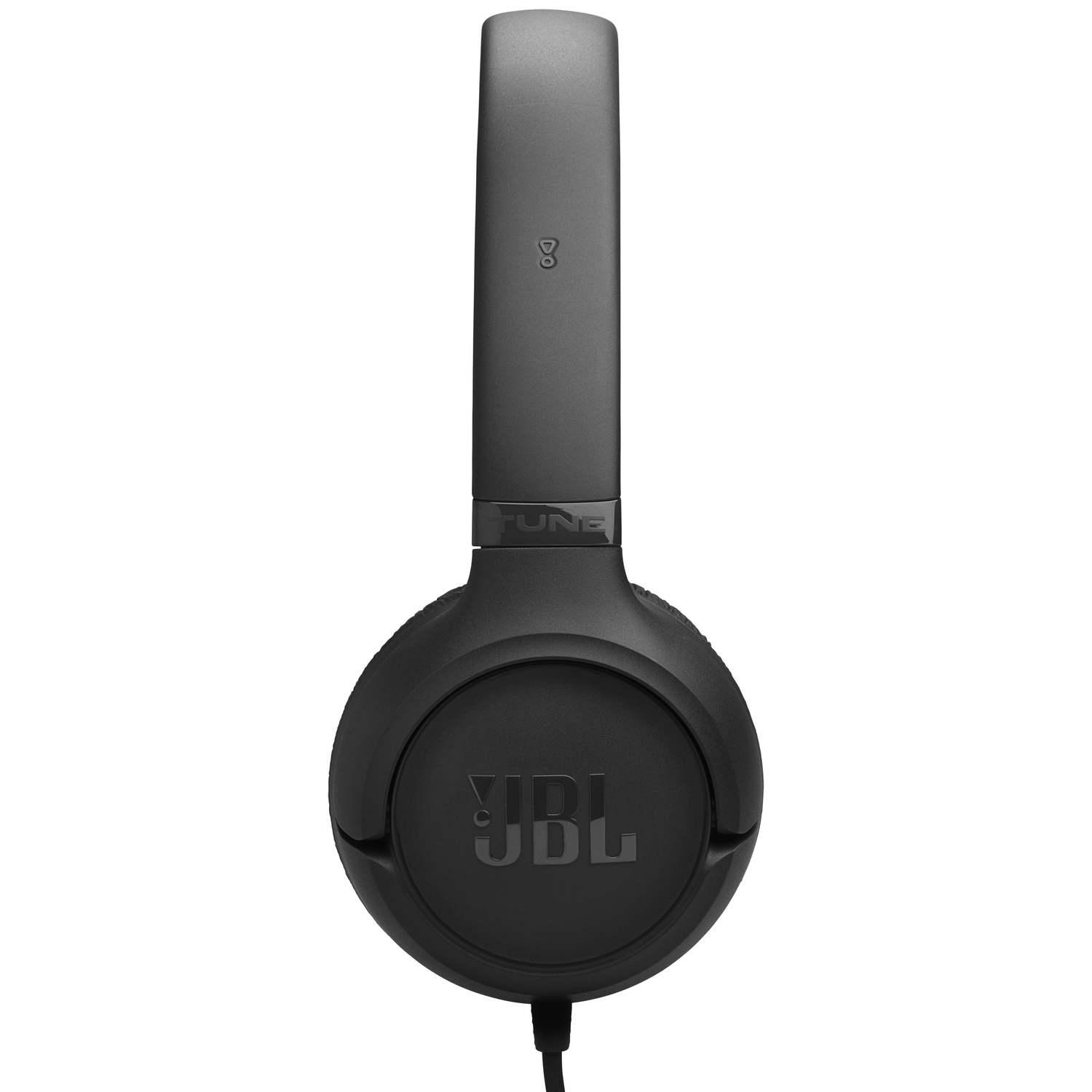 Casque JBL noir avec un câble. Le bandeau est gris. Les écouteurs affichent le logo JBL.