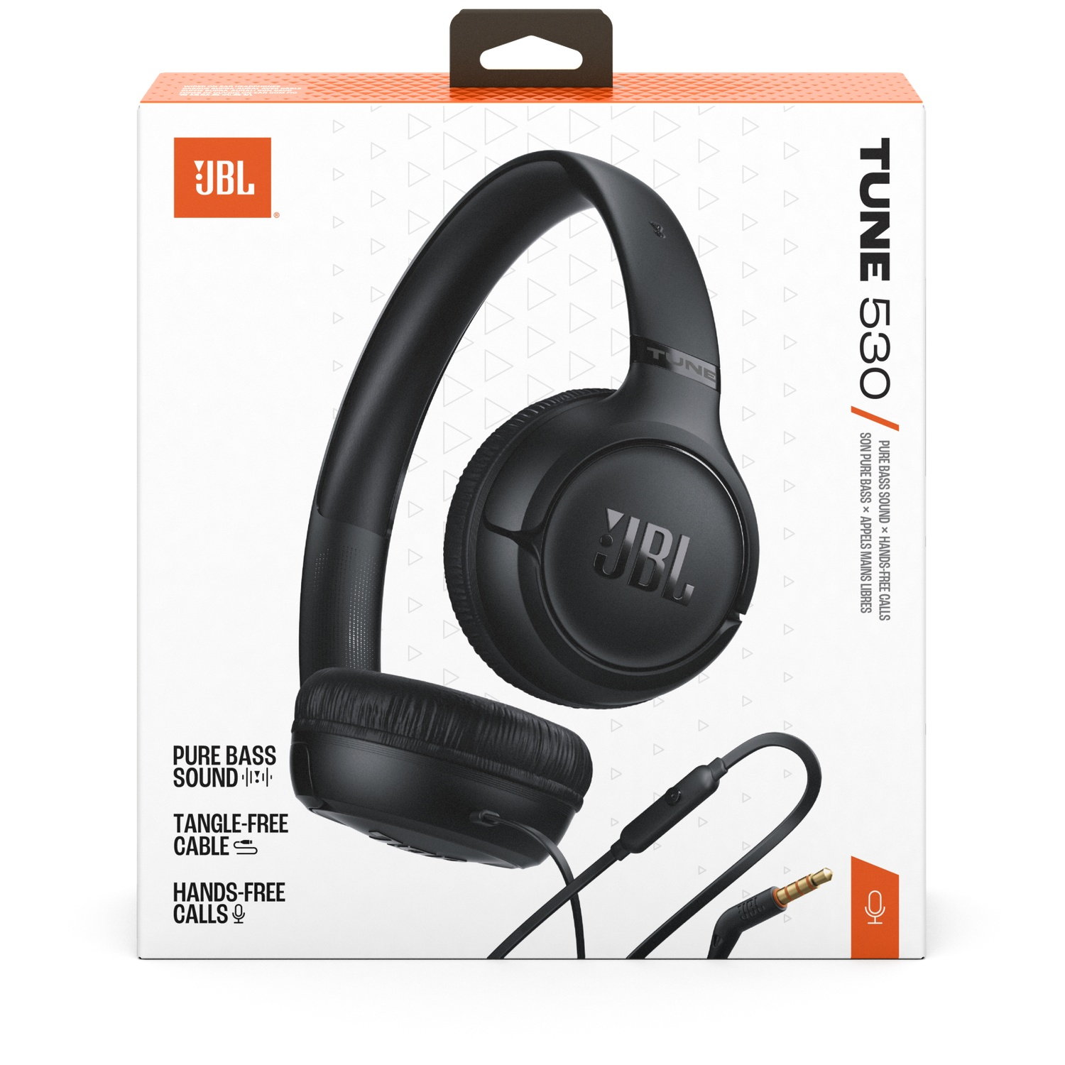 Casque JBL Tune 530 noir dans une boîte. Caractéristiques : son Pure Bass, câble sans enchevêtrement et appels mains libres.