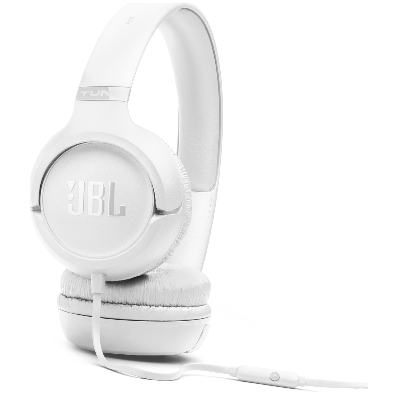 White JBL headphones on a white background. The headphones are angled, showing the ear cups, headband, and wire with a control.