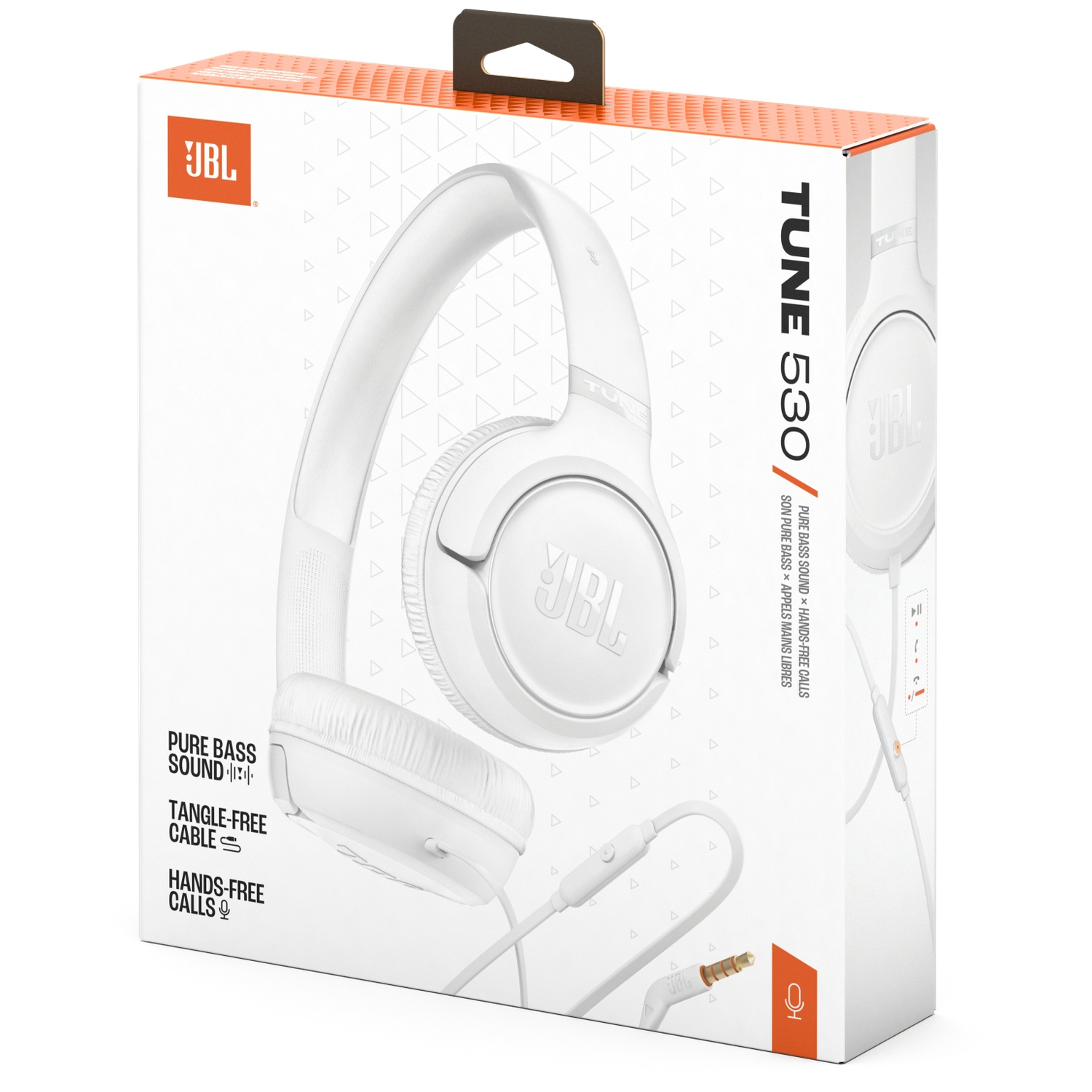 White JBL Tune 530 headphones in a box. The box shows the headphones and features like pure bass sound and hands-free calls.