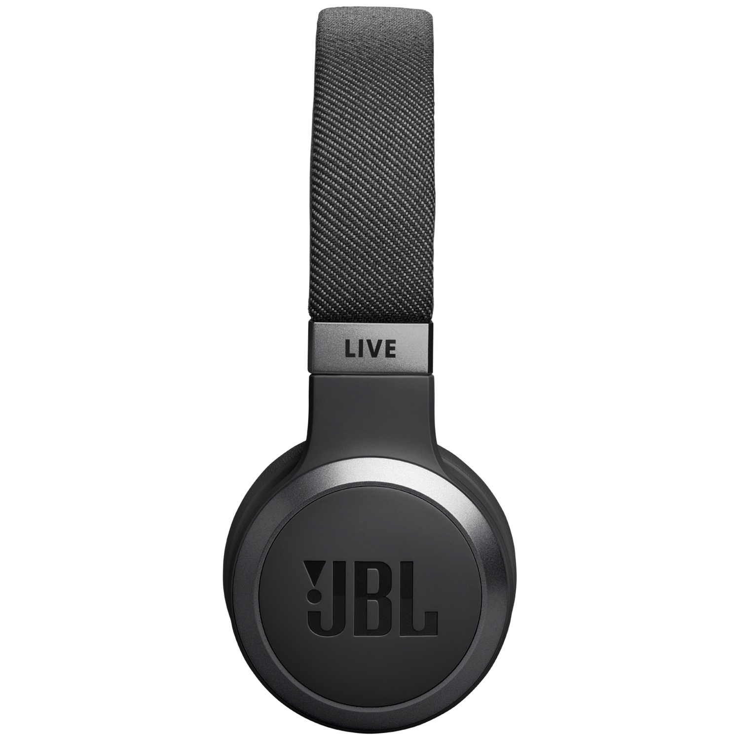 Schwarze JBL Live-Kopfhörer. Das Kopfband ist grau und die Ohrmuscheln sind schwarz mit dem JBL-Logo. Der Hintergrund ist weiß.