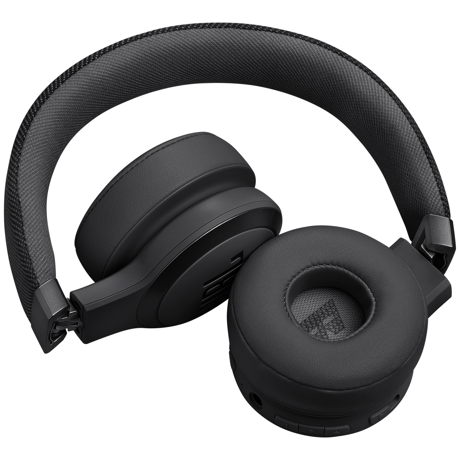 Schwarze JBL-Kopfhörer auf weißem Hintergrund. Die Kopfhörer sind Over-Ear-Kopfhörer mit gepolstertem Kopfbügel.