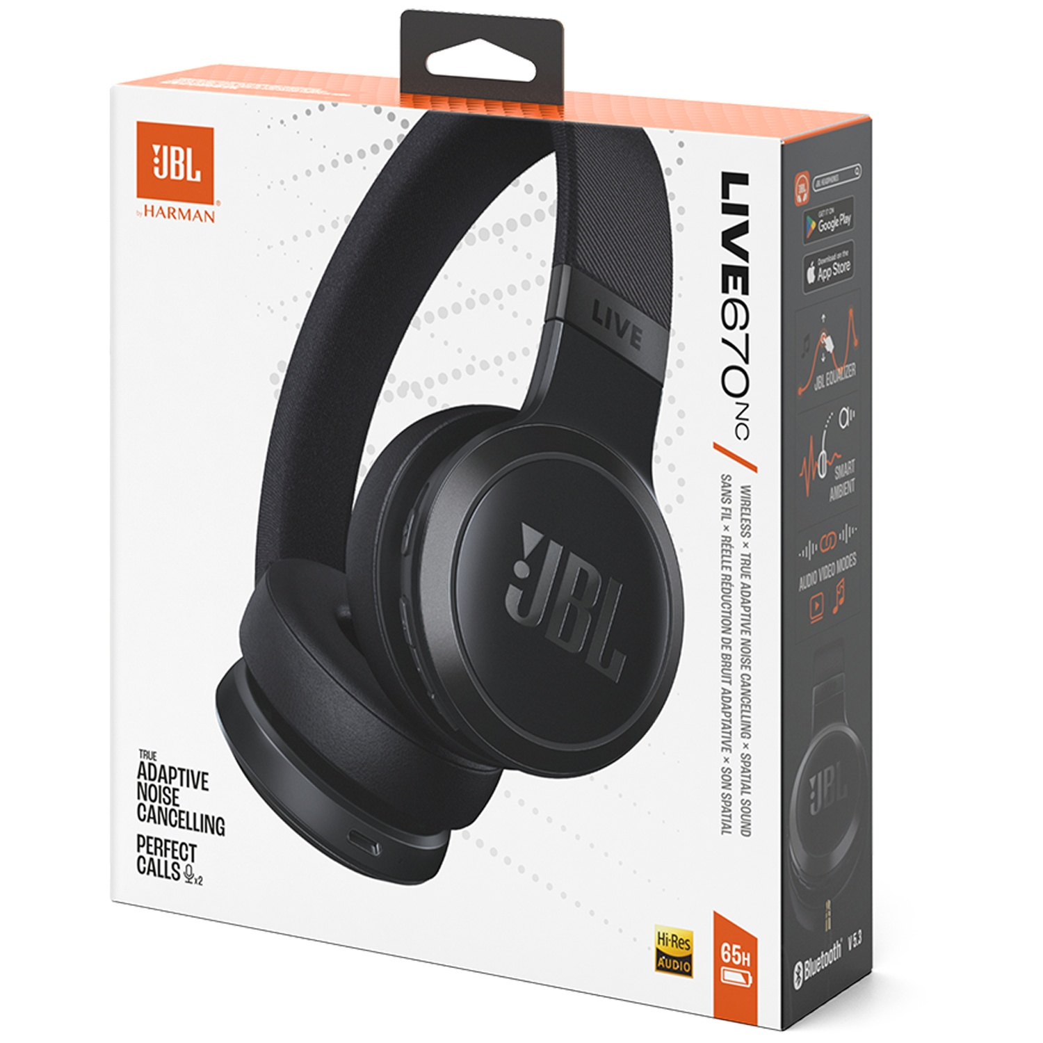 Schwarze JBL Live 670NC Kopfhörer in einer Box. Text auf der Box enthält 'True Adaptive Noise Cancelling' und 'Wireless'.