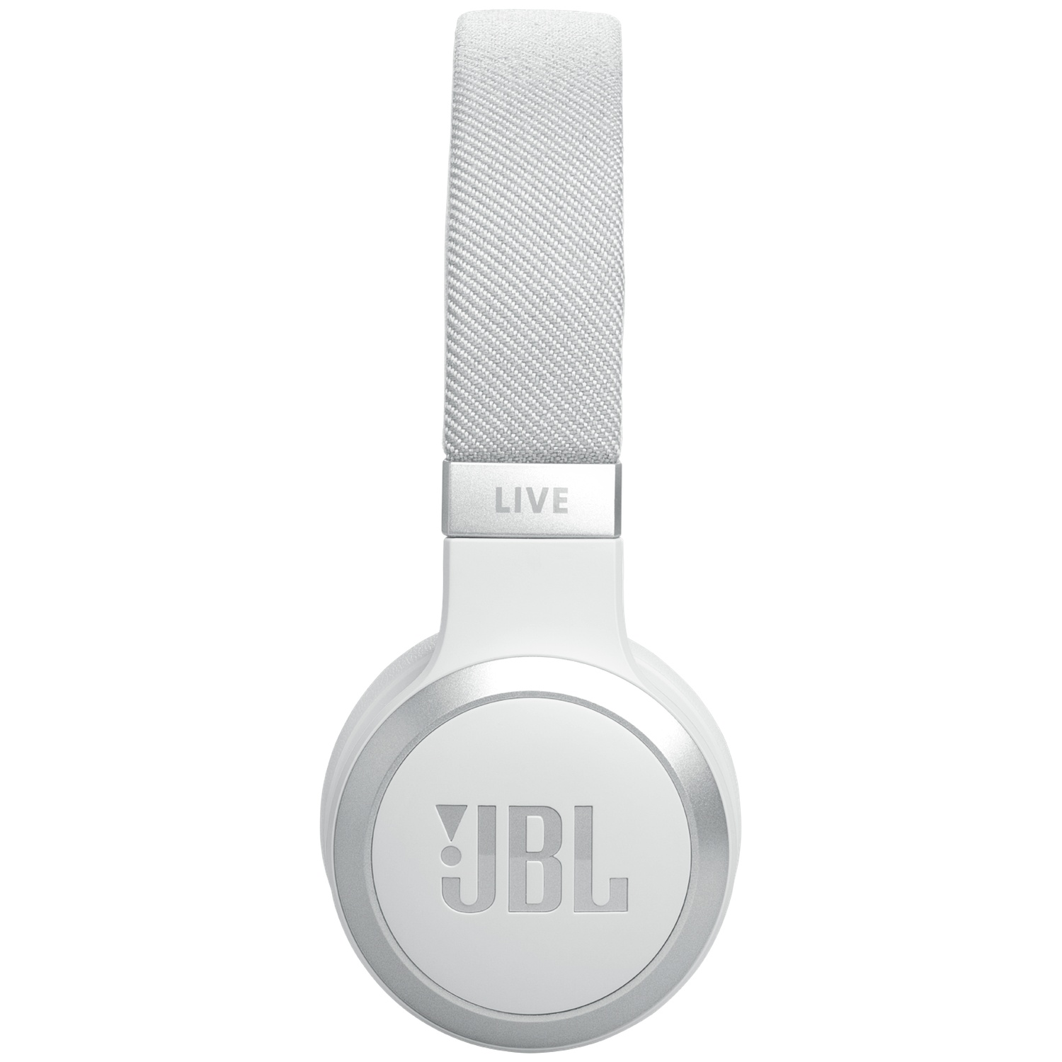 Weiße JBL-Kopfhörer. Das Kopfband ist aus grauem Stoff. Die Ohrmuscheln sind weiß mit silberner Einfassung und JBL-Logo.