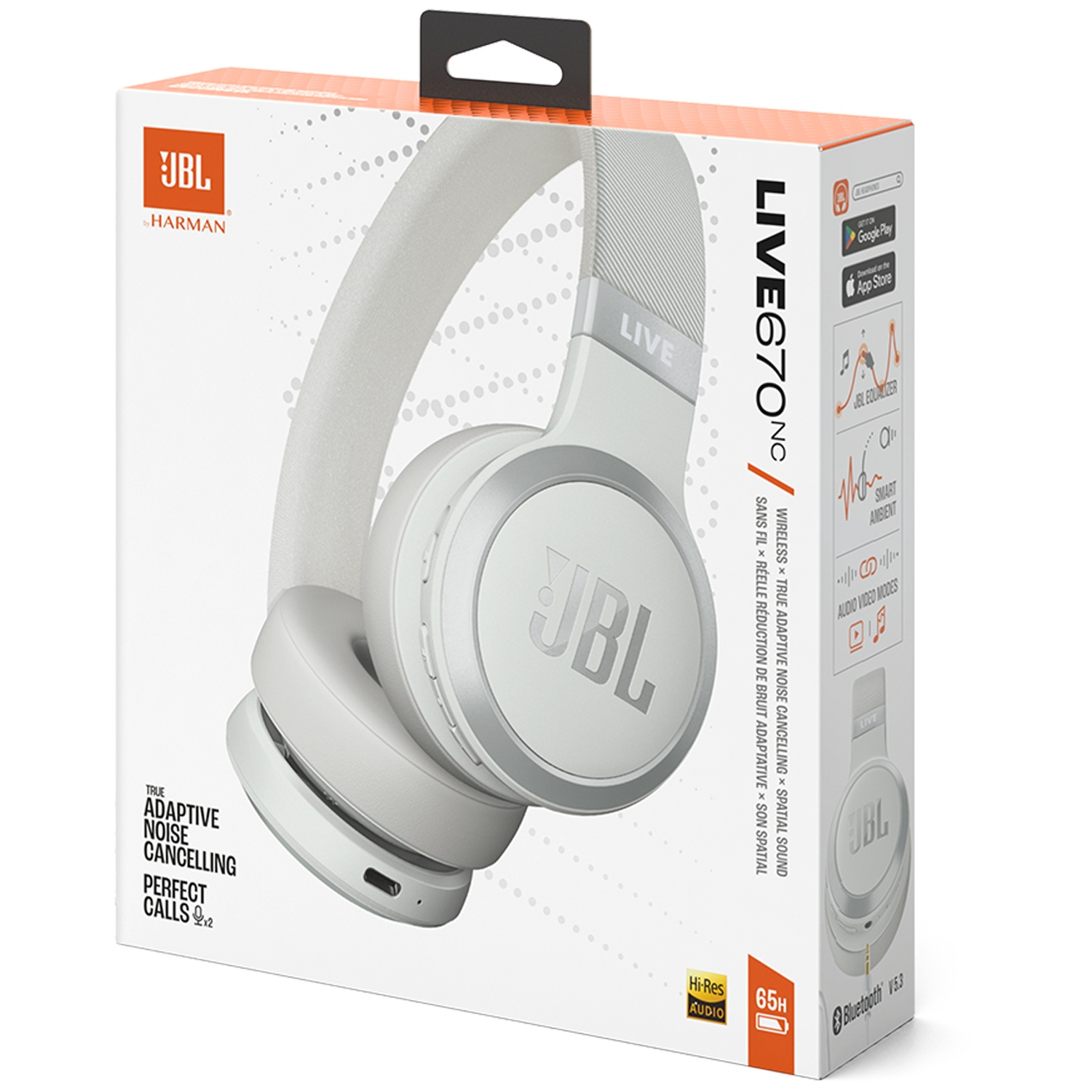 Weiße JBL Live 670NC Kopfhörer in einer Box. Merkmale: Geräuschunterdrückung, Bluetooth und Hi-Res Audio. Die Box zeigt das Produkt.