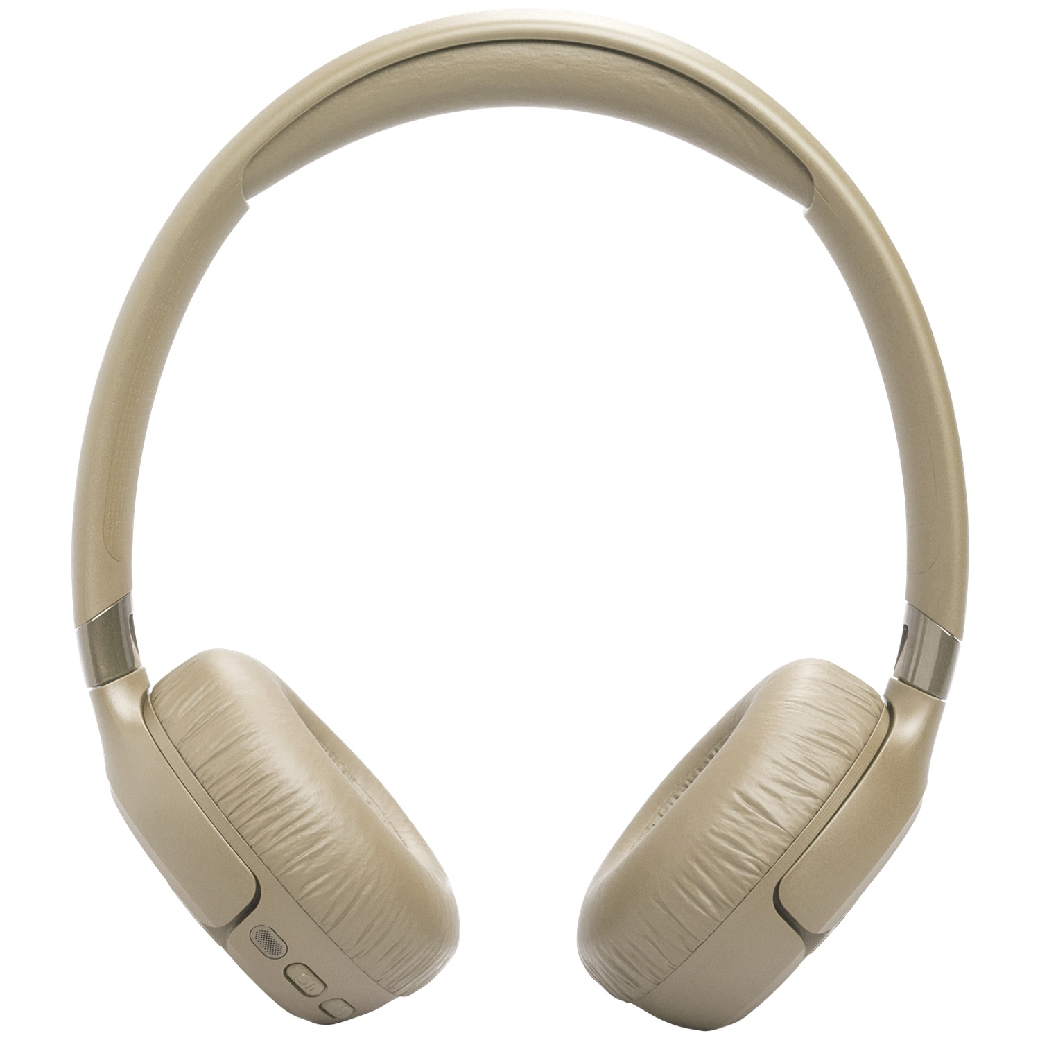 Beige Over-Ear-Kopfhörer. Ohrmuscheln und Kopfband sichtbar. Der Hintergrund ist weiß.