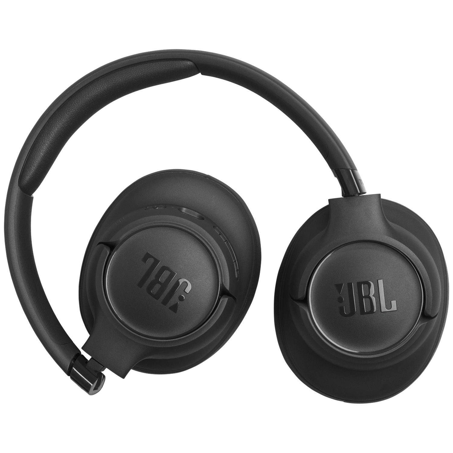 Zwarte JBL over-ear koptelefoon op een witte achtergrond. De koptelefoon is open en toont oorschelpen en een hoofdband. Het JBL-logo is zichtbaar.