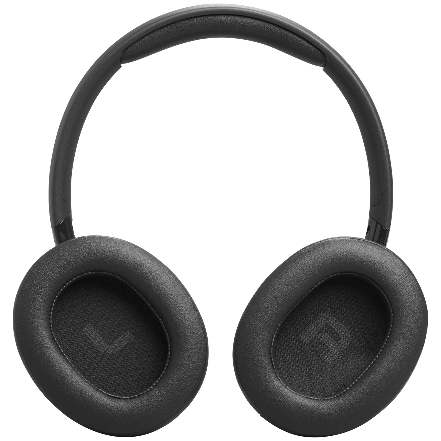 Zwarte over-ear koptelefoon. De oorschelpen hebben een L en R markering. De hoofdband is gebogen en verbindt de oorschelpen. Geïsoleerd op wit.