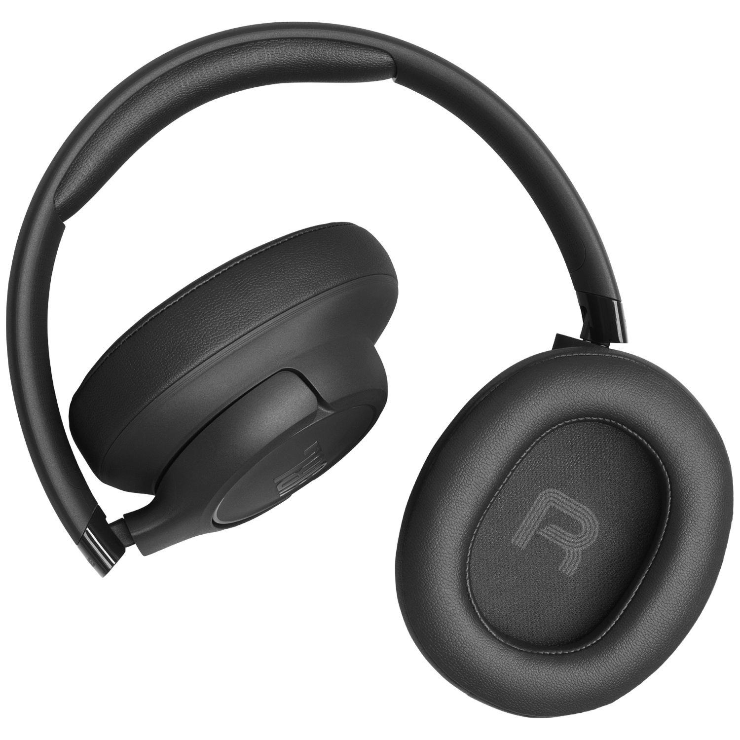 Zwarte over-ear koptelefoon op een witte achtergrond. De koptelefoon heeft een gewatteerde hoofdband en oorschelpen met de letter 'R'.