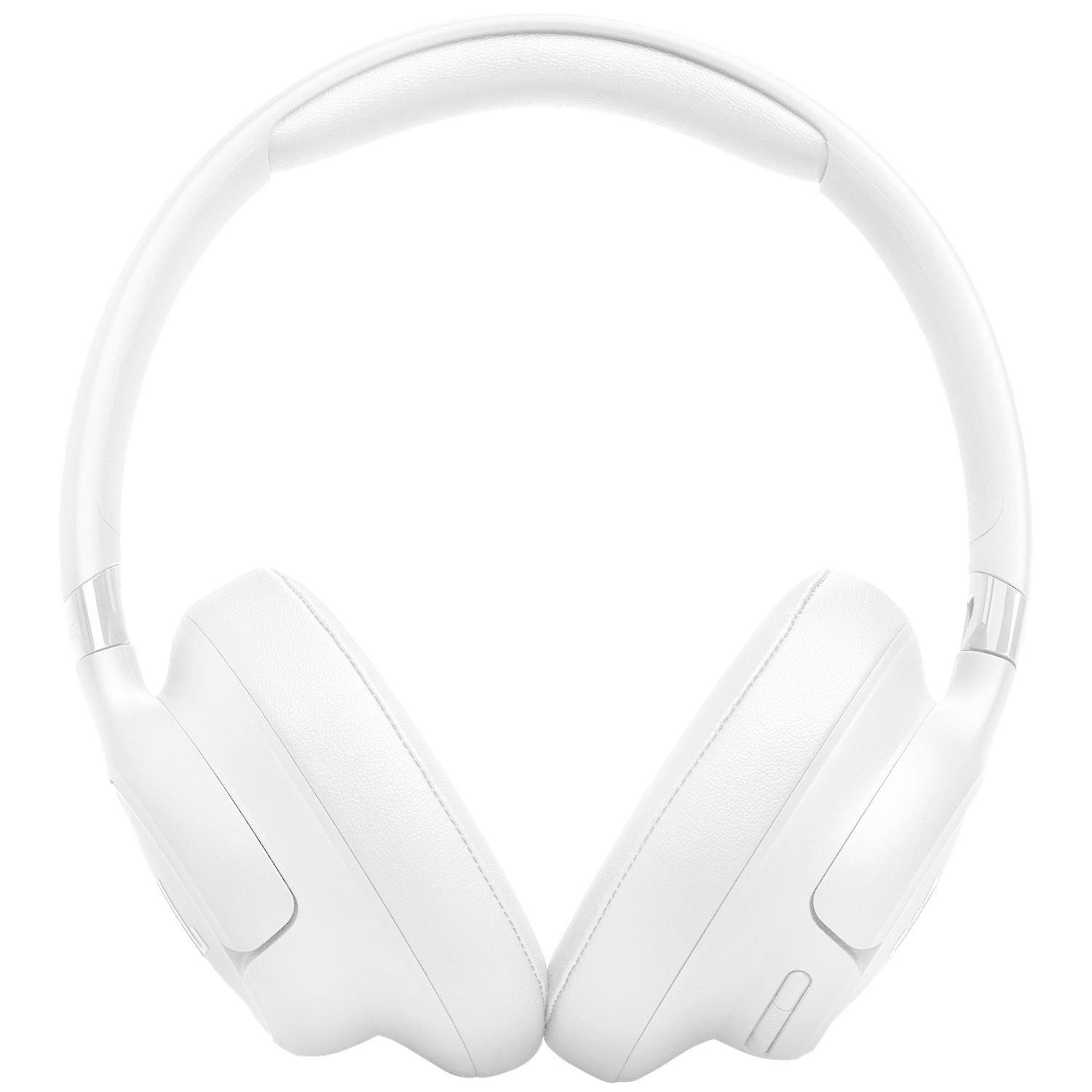 Witte over-ear hoofdtelefoon. De hoofdband buigt over de bovenkant en verbindt met de oorschelpen aan beide kanten. Strak, modern design.