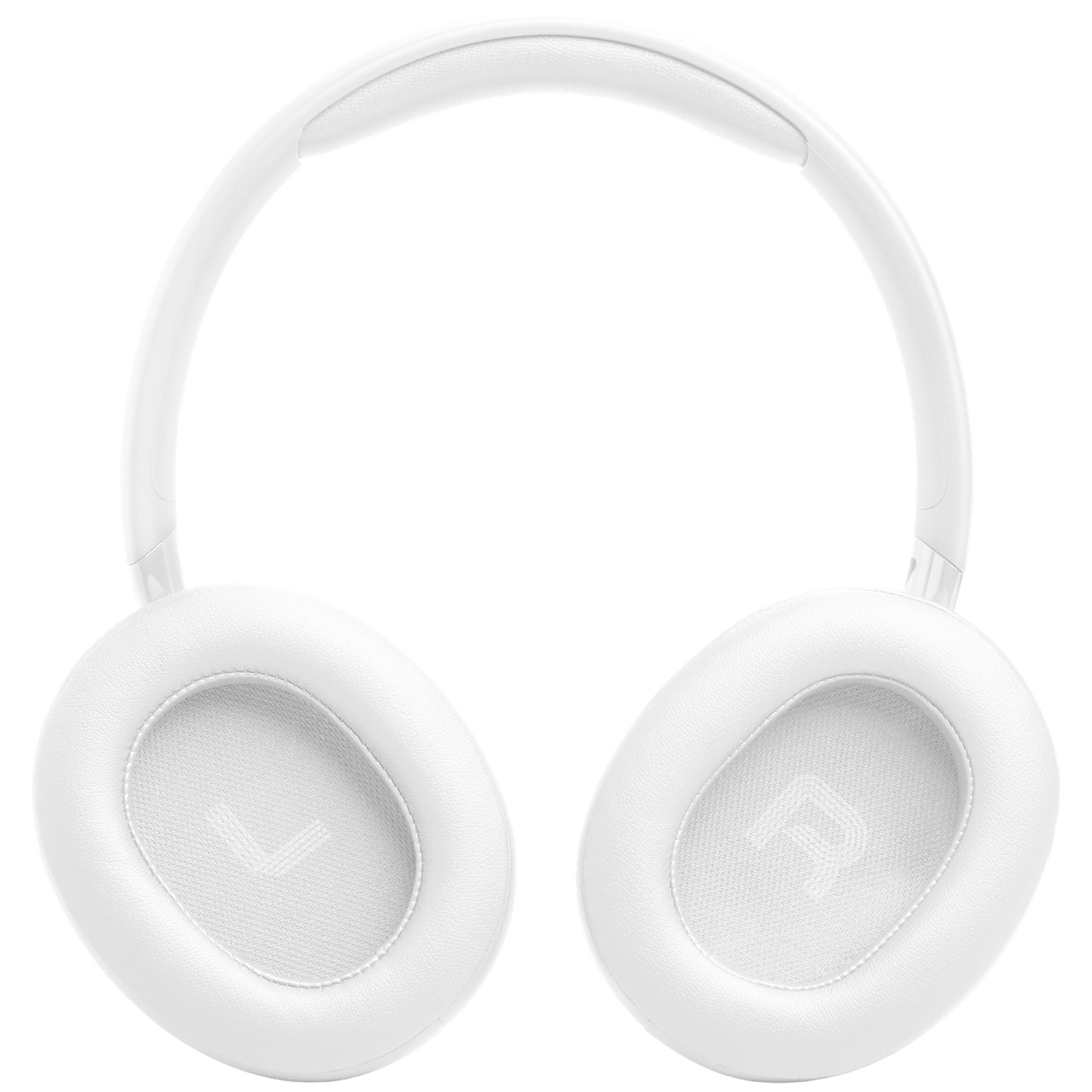 Een witte koptelefoon met een witte hoofdband. De oorschelpen zijn ovaal, met een 'L' en 'R' erop. De achtergrond is wit.