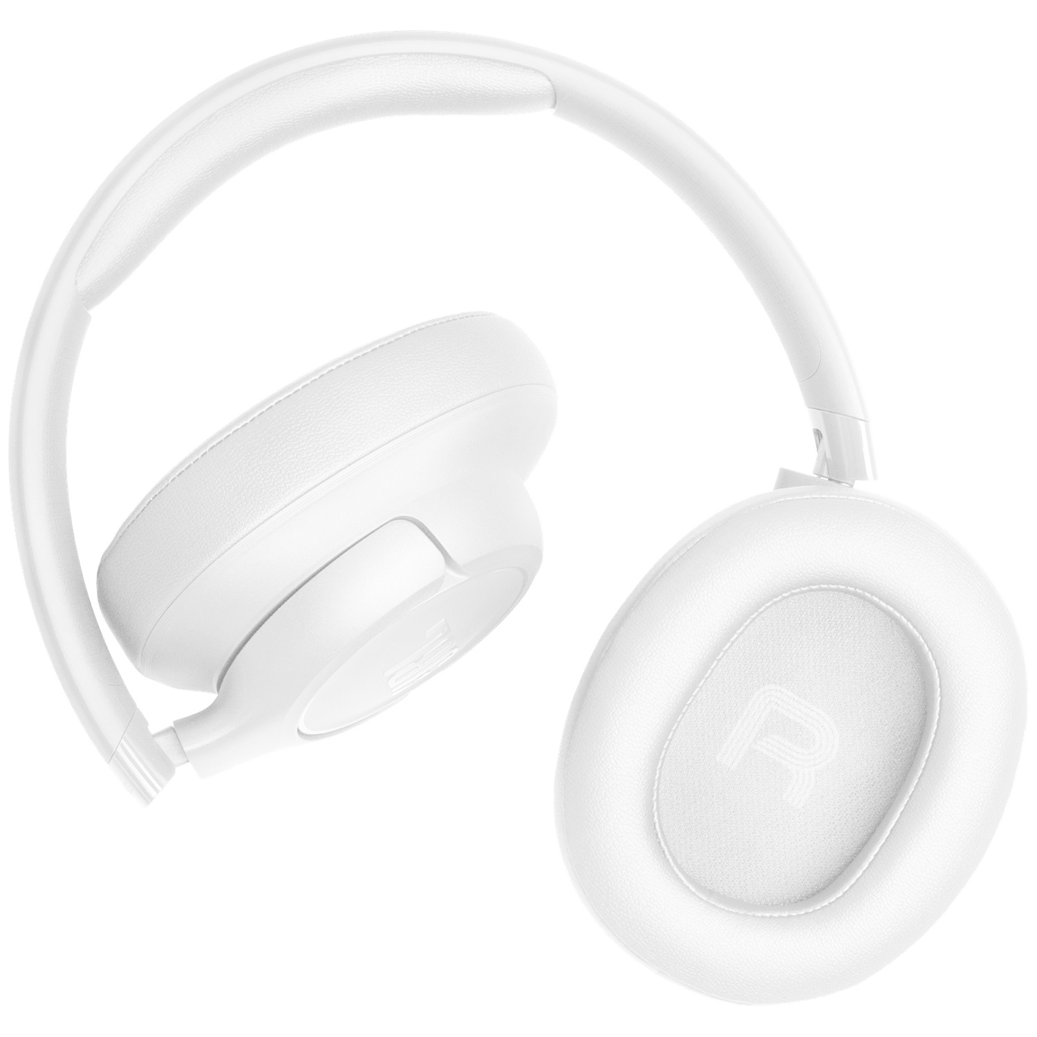 Witte koptelefoon met een gewatteerde hoofdband en oorschelpen. Op de rechter oorschelp staat een grote 'R'.