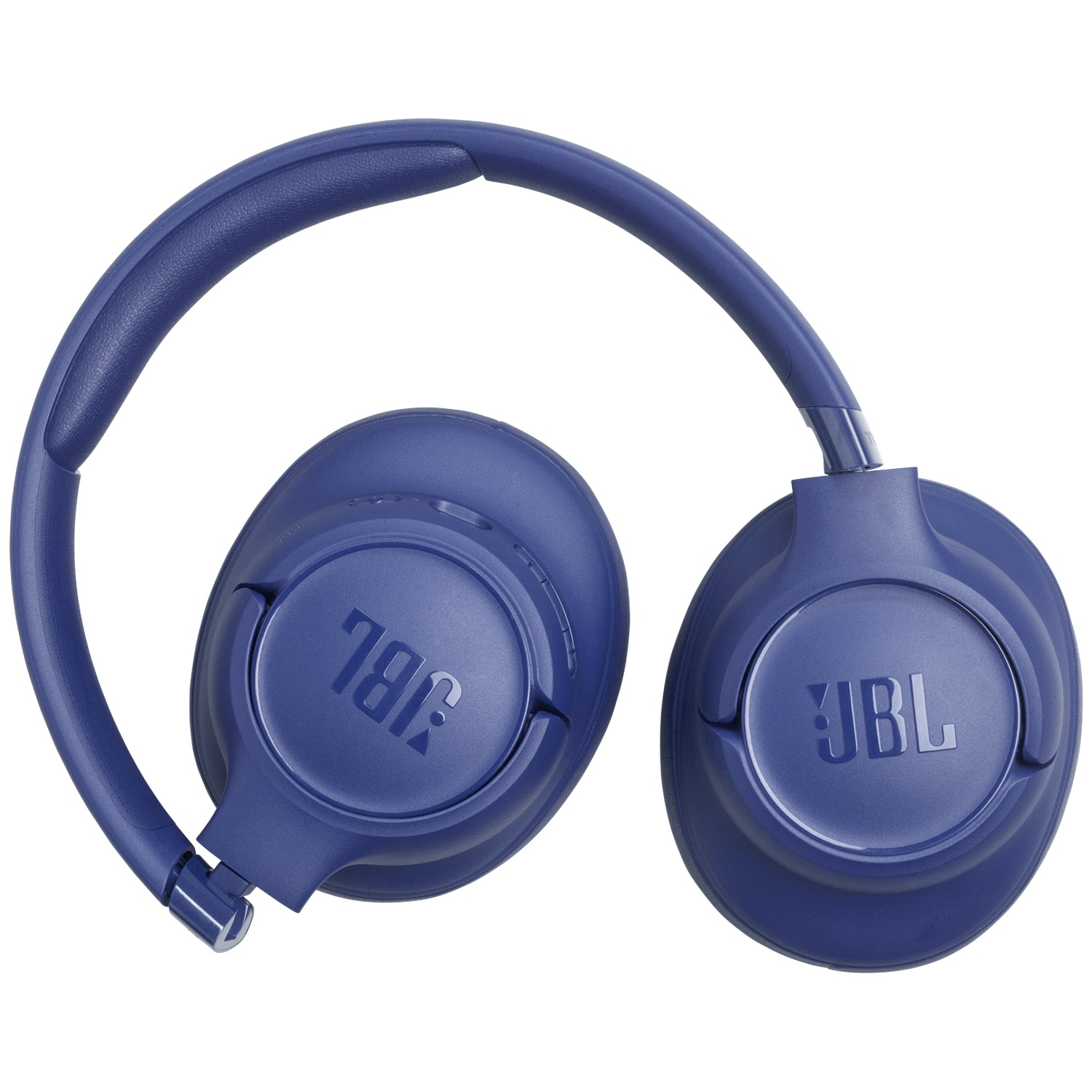 Casque JBL bleu sur fond blanc. Le casque est plié, montrant les écouteurs et l'arceau.