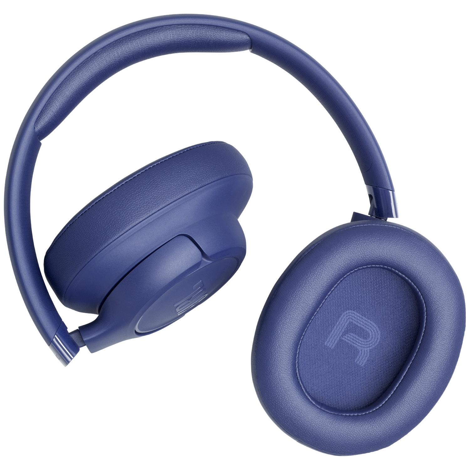 Casque audio bleu sur fond blanc. L'écouteur gauche est visible et le droit affiche un 'R'.