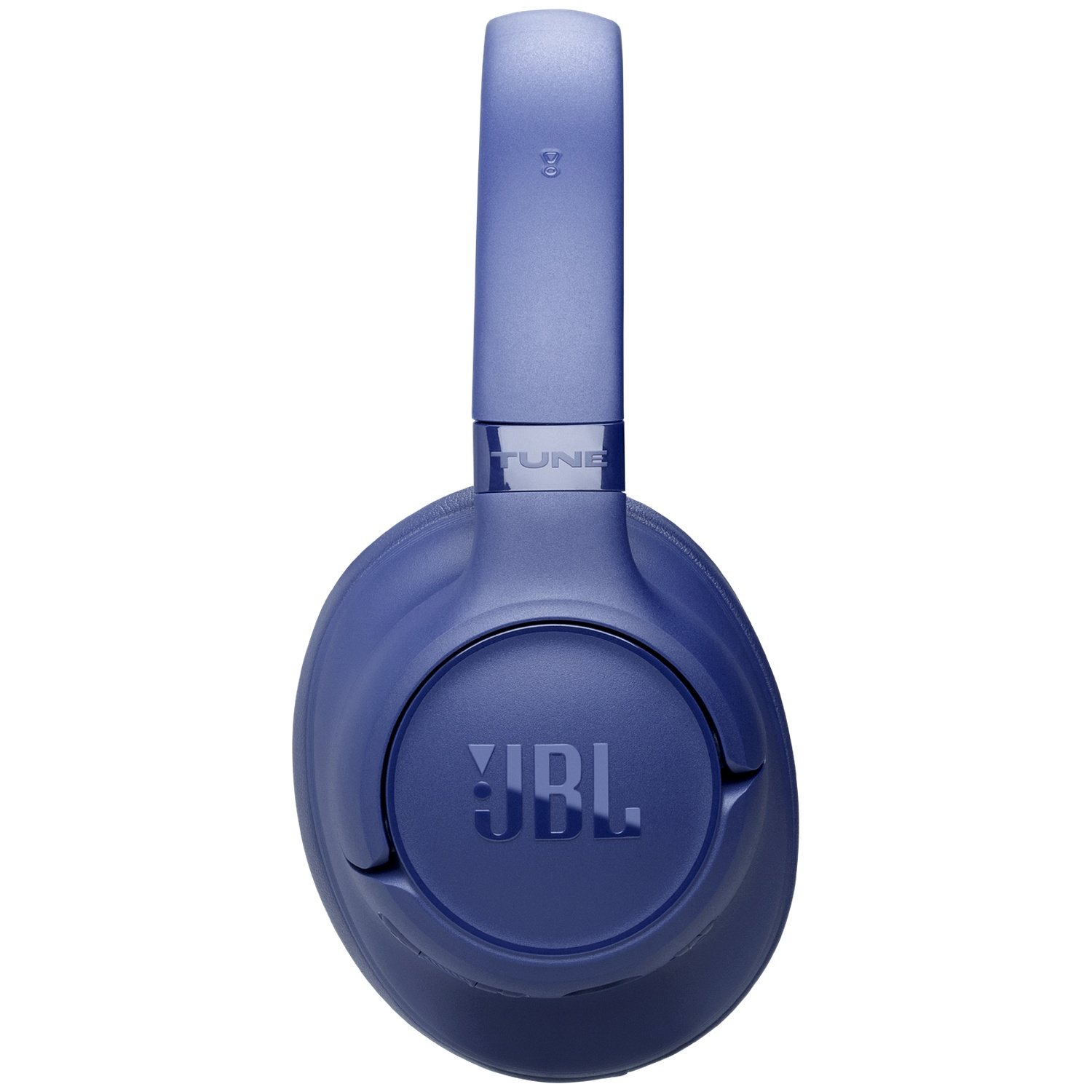 Casque JBL bleu, centré sur fond blanc. Le logo JBL est visible sur l'écouteur.