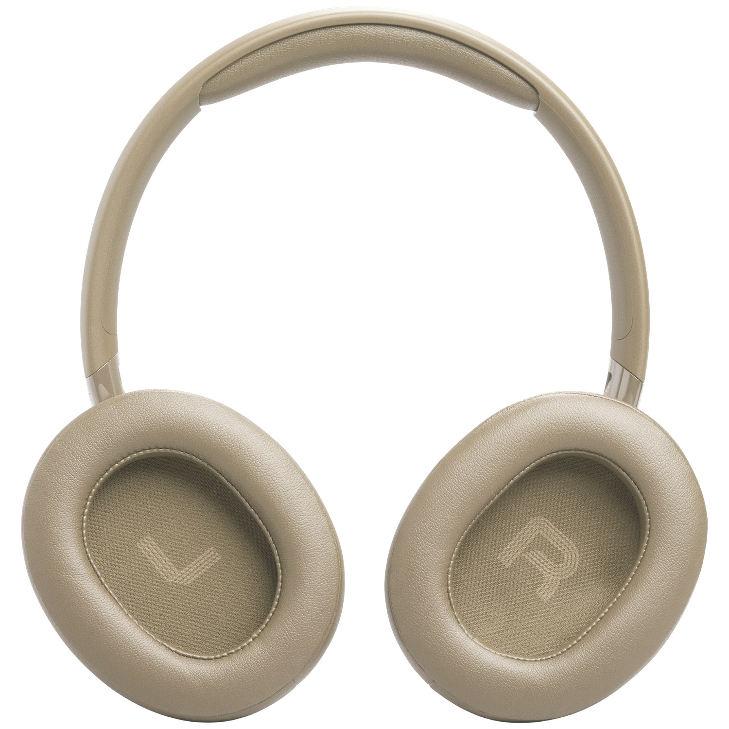 Tan-kleurige koptelefoon met zachte oorschelpen en een gewatteerde hoofdband. 'L' en 'R' markeringen zijn zichtbaar op de oorschelpen.
