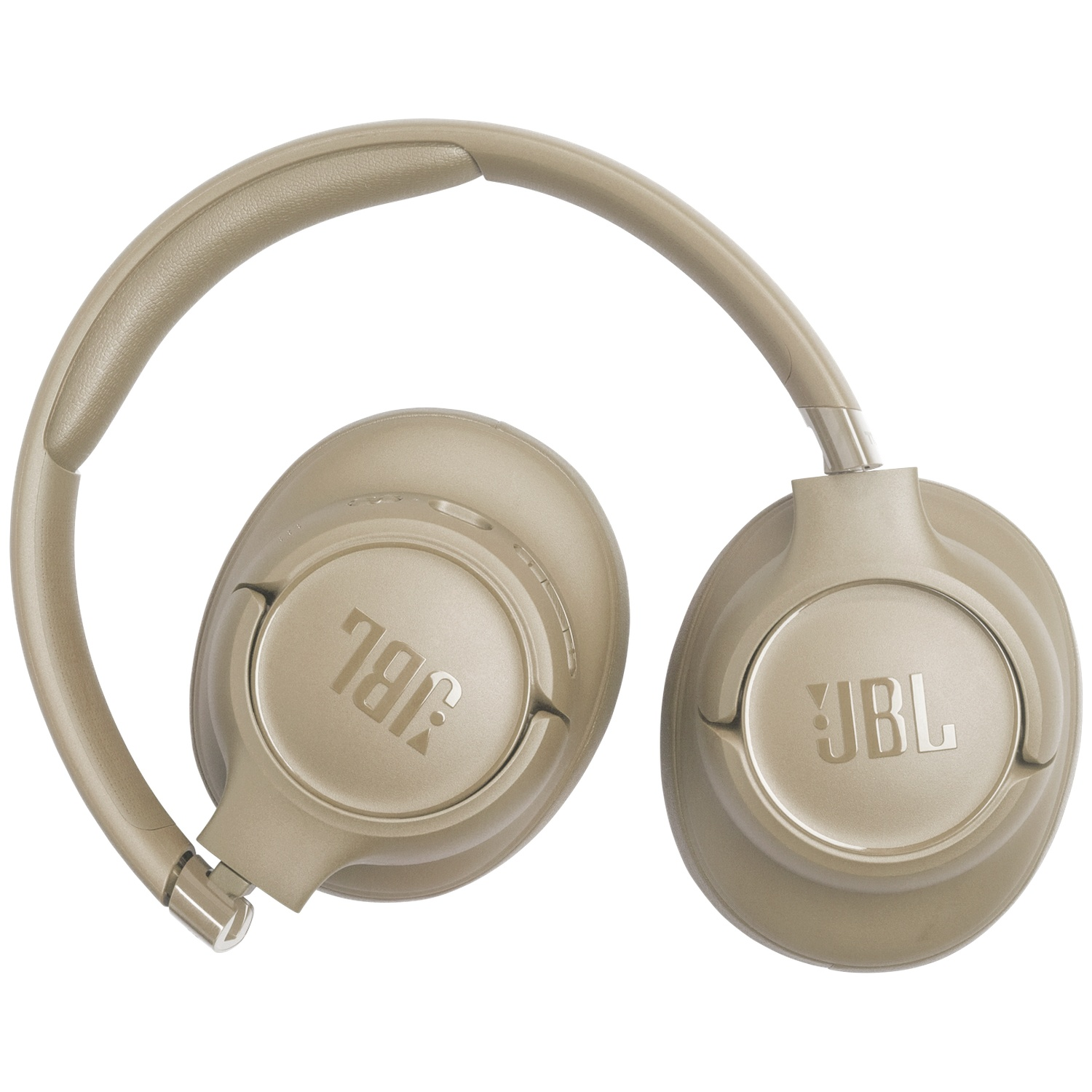 Gouden JBL-hoofdtelefoon op een witte achtergrond. De hoofdtelefoon is opgevouwen. Het JBL-logo is zichtbaar op elke oorschelp.