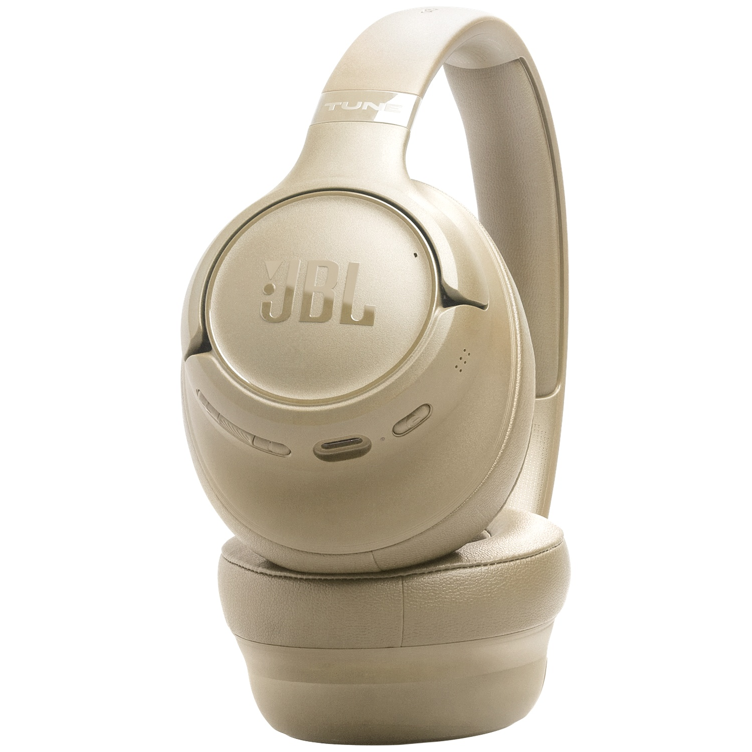 Een beige JBL Tune 760NC draadloze over-ear koptelefoon. Het JBL-logo is zichtbaar. De achtergrond is wit.