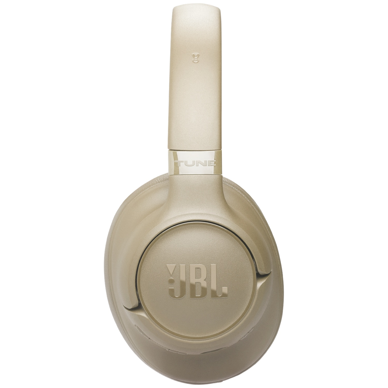 Beige JBL-hoofdtelefoon. De oorschelpen en hoofdband zijn beige. Het JBL-logo staat op de oorschelp. Het woord TUNE is zichtbaar.