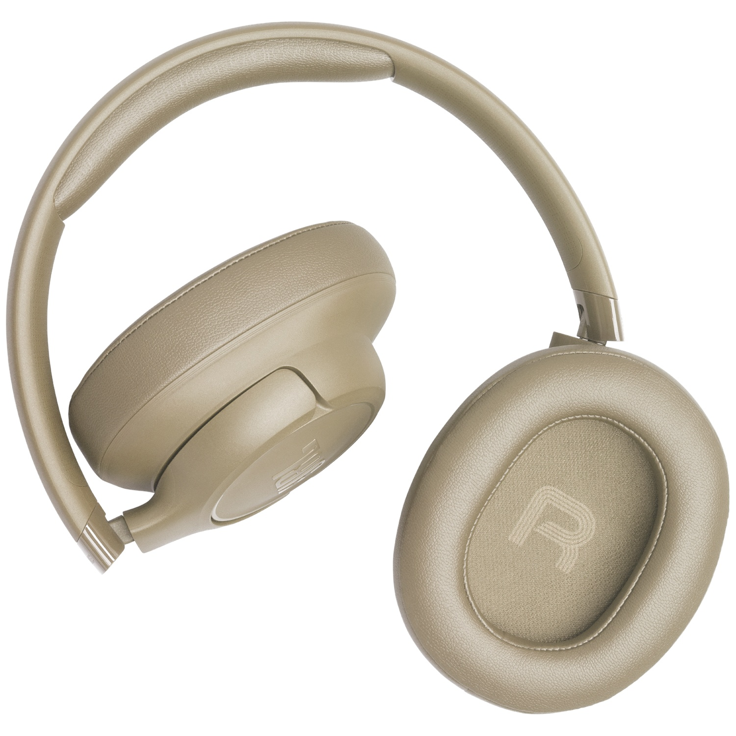 Tan-kleurige koptelefoon op een witte achtergrond. De koptelefoon is schuin geplaatst, met oorschelpen en hoofdband. De rechter oorschelp toont een 'R'.