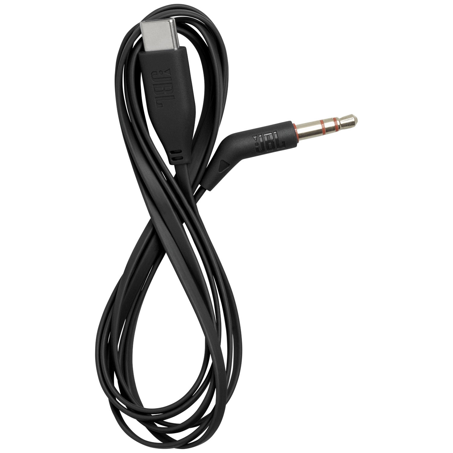 Un câble audio JBL noir avec un connecteur USB-C à une extrémité et une prise jack 3,5 mm à l'autre extrémité.