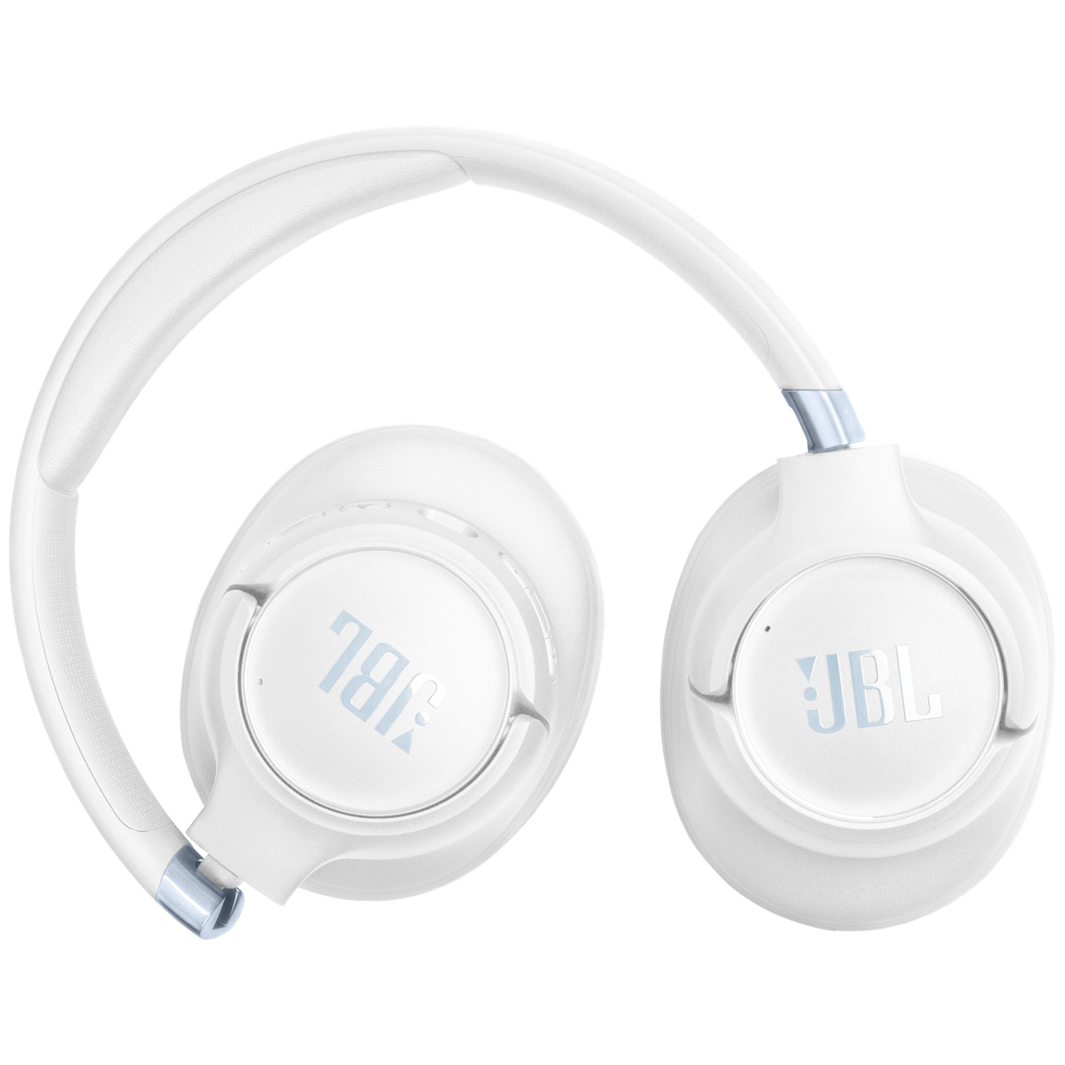 Witte JBL-koptelefoon op een witte achtergrond. De koptelefoon is opgevouwen. Het JBL-logo is zichtbaar op elke oorschelp.