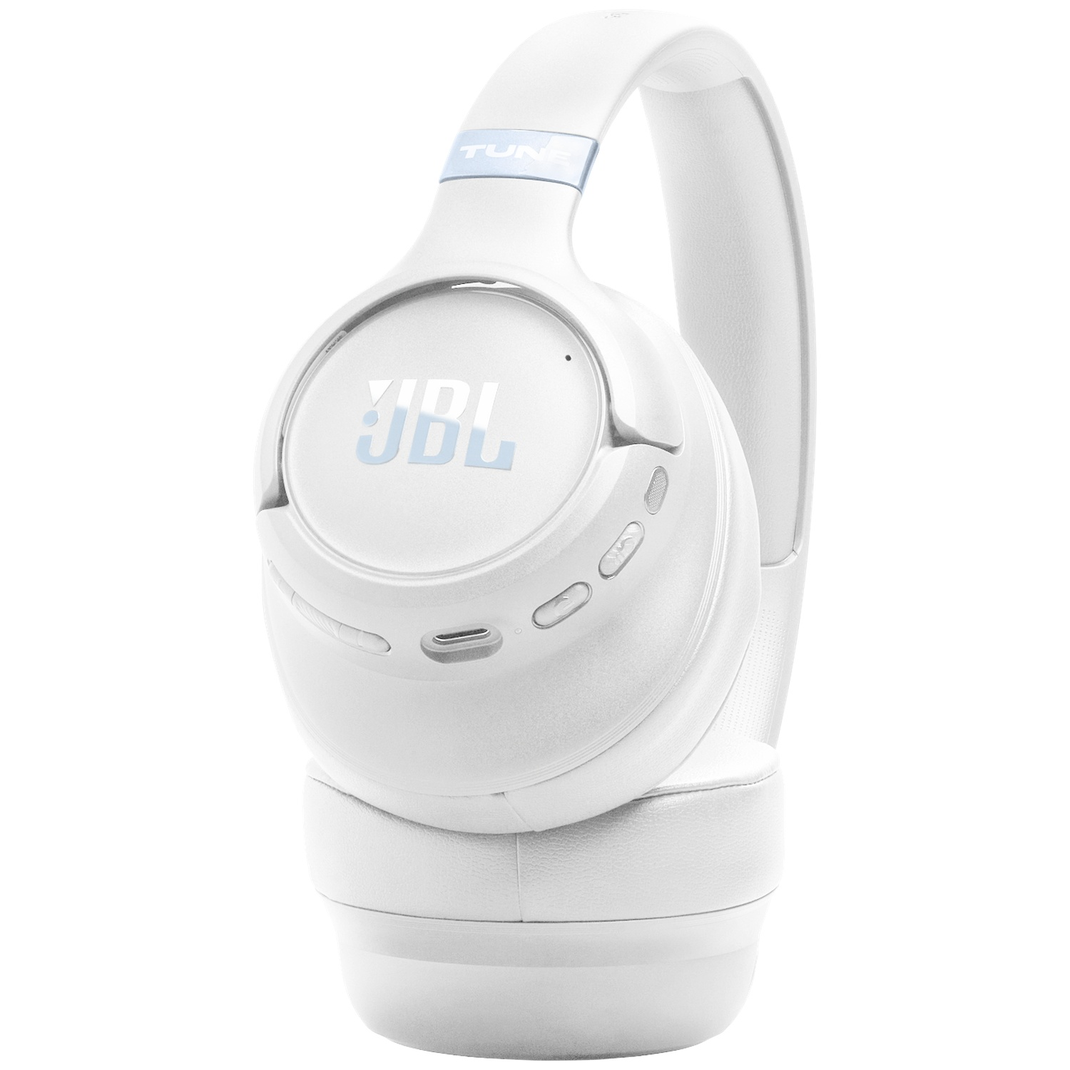 Witte JBL Tune-koptelefoon met blauwe accenten. De koptelefoon staat op een witte achtergrond en toont het logo en de knoppen.
