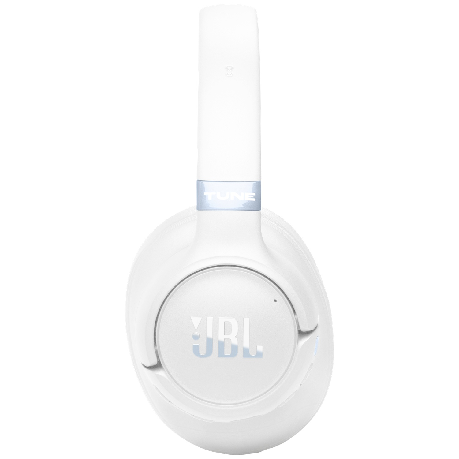 Witte JBL-hoofdtelefoon op een witte achtergrond. De hoofdtelefoon is een over-ear model met een hoofdband en oorschelpen. Het JBL-logo is zichtbaar.