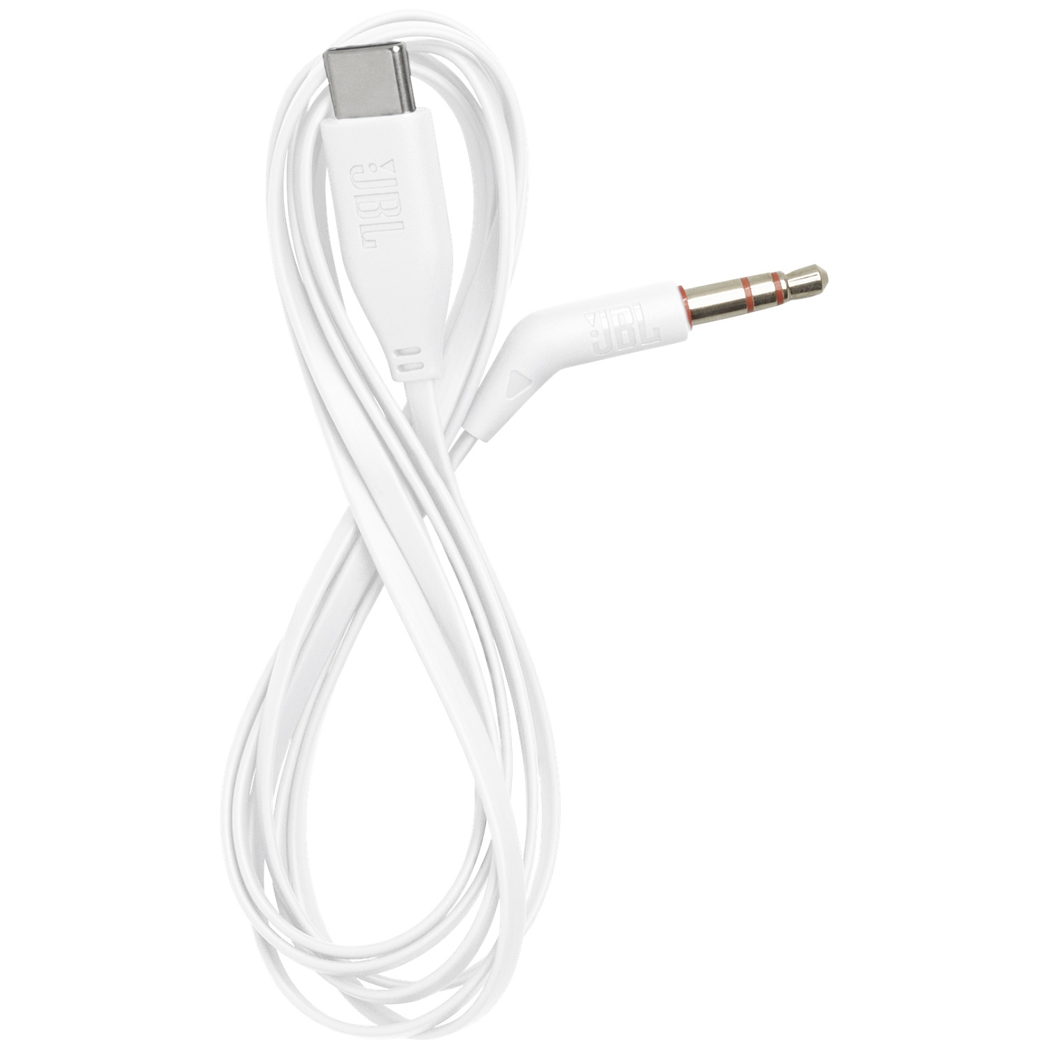 Een witte JBL-kabel met een USB-C-connector en een 3,5 mm audiokabel. De kabel is opgerold en ligt op een witte achtergrond.