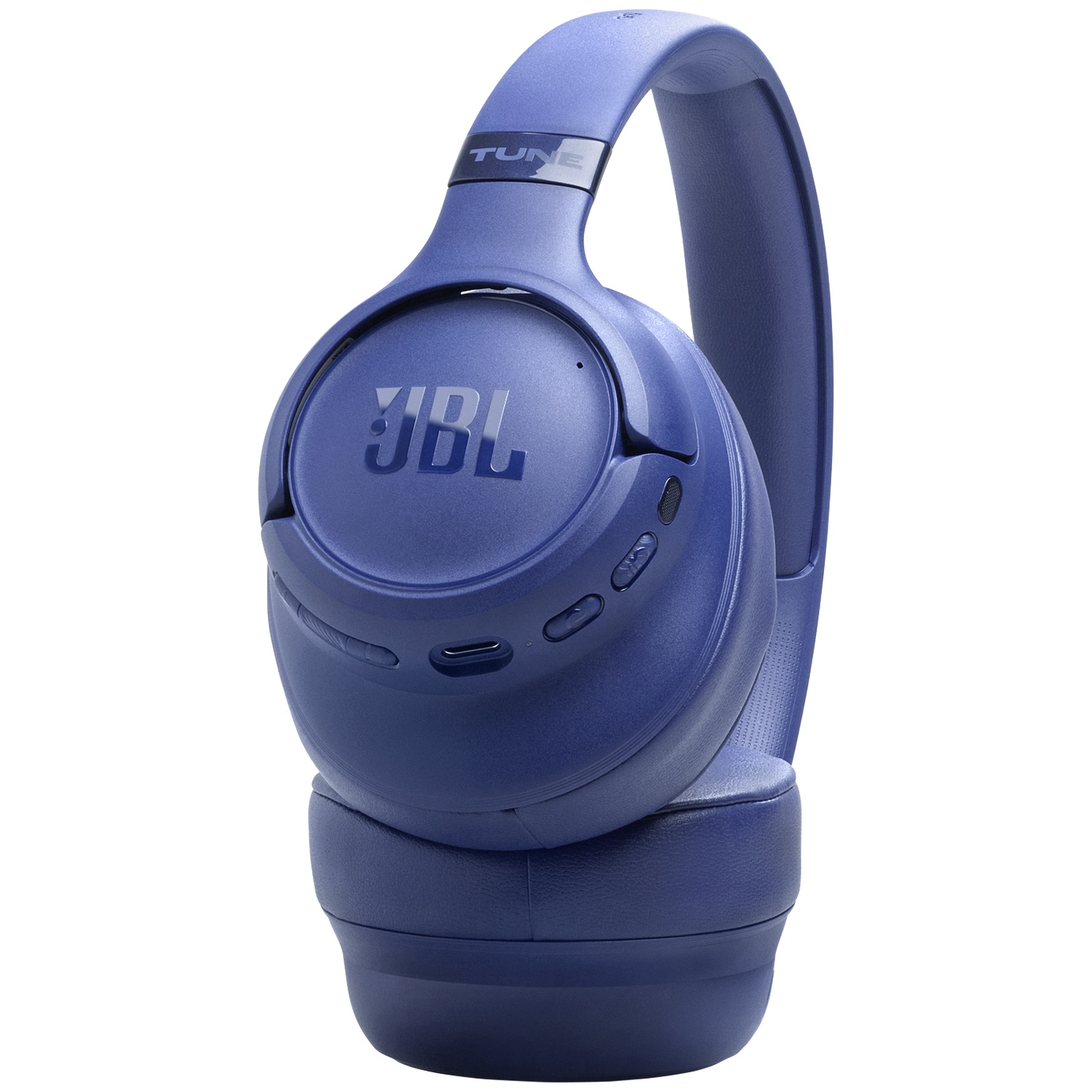 Une paire d'écouteurs bleus JBL Tune 760NC. Les écouteurs sont sur fond blanc. Le logo JBL est visible sur les oreillettes.