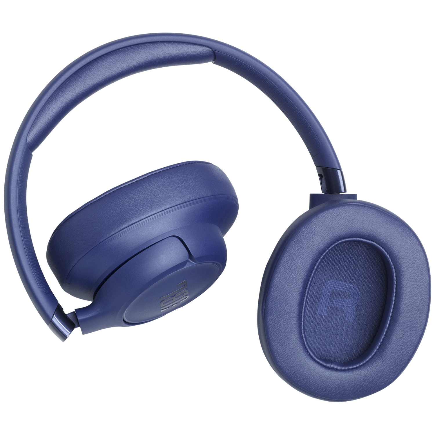 Casque JBL bleu. Le casque supra-auriculaire est sur fond blanc. Le casque est plié.