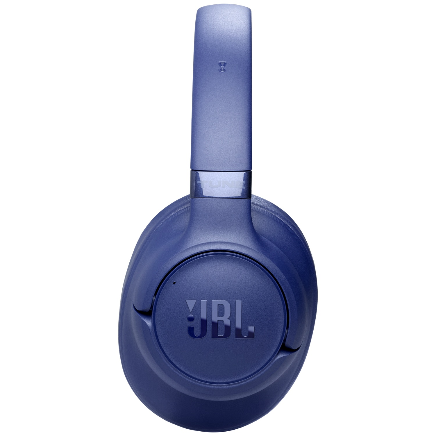 Une paire d'écouteurs bleus JBL Tune 760NC. Les écouteurs sont positionnés verticalement sur fond blanc.