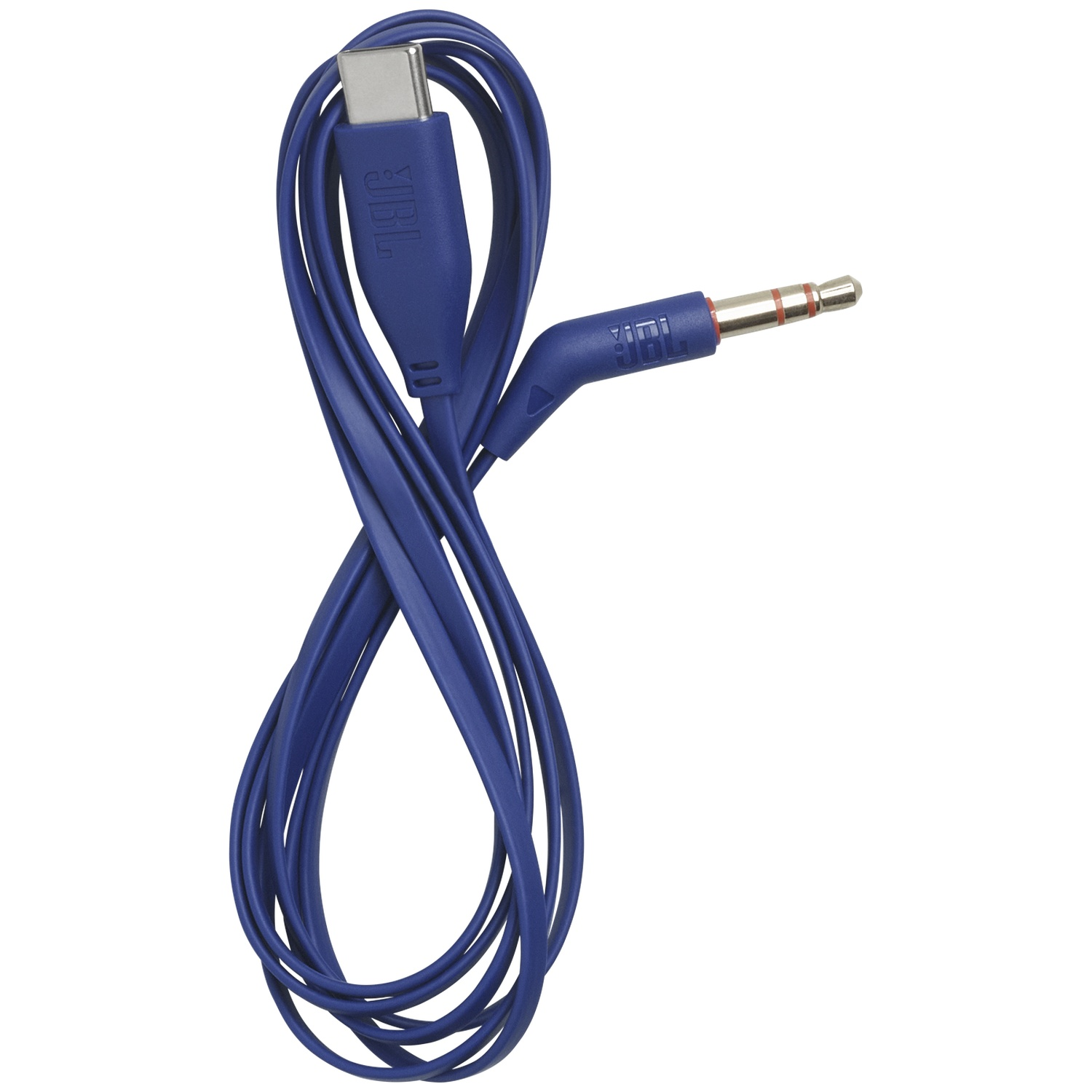 Un câble de charge JBL bleu avec connecteur USB-C et prise jack 3,5 mm sur fond blanc.