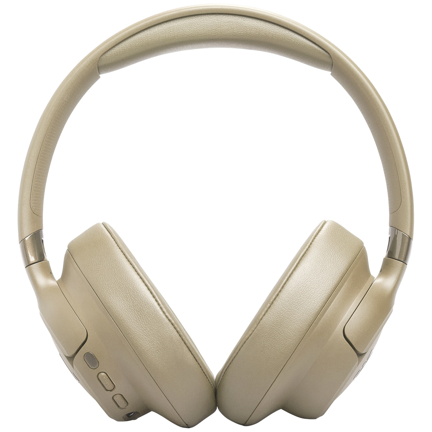 Casque audio beige sur fond blanc. Le casque est de type circum-auriculaire. Boutons sur les oreillettes. L'arceau se courbe sur le dessus.