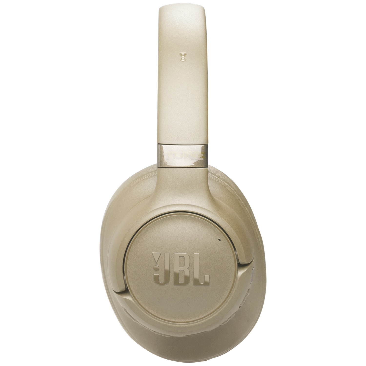 Un casque JBL Tune 760NC doré est présenté. Le logo JBL est visible sur l'écouteur.