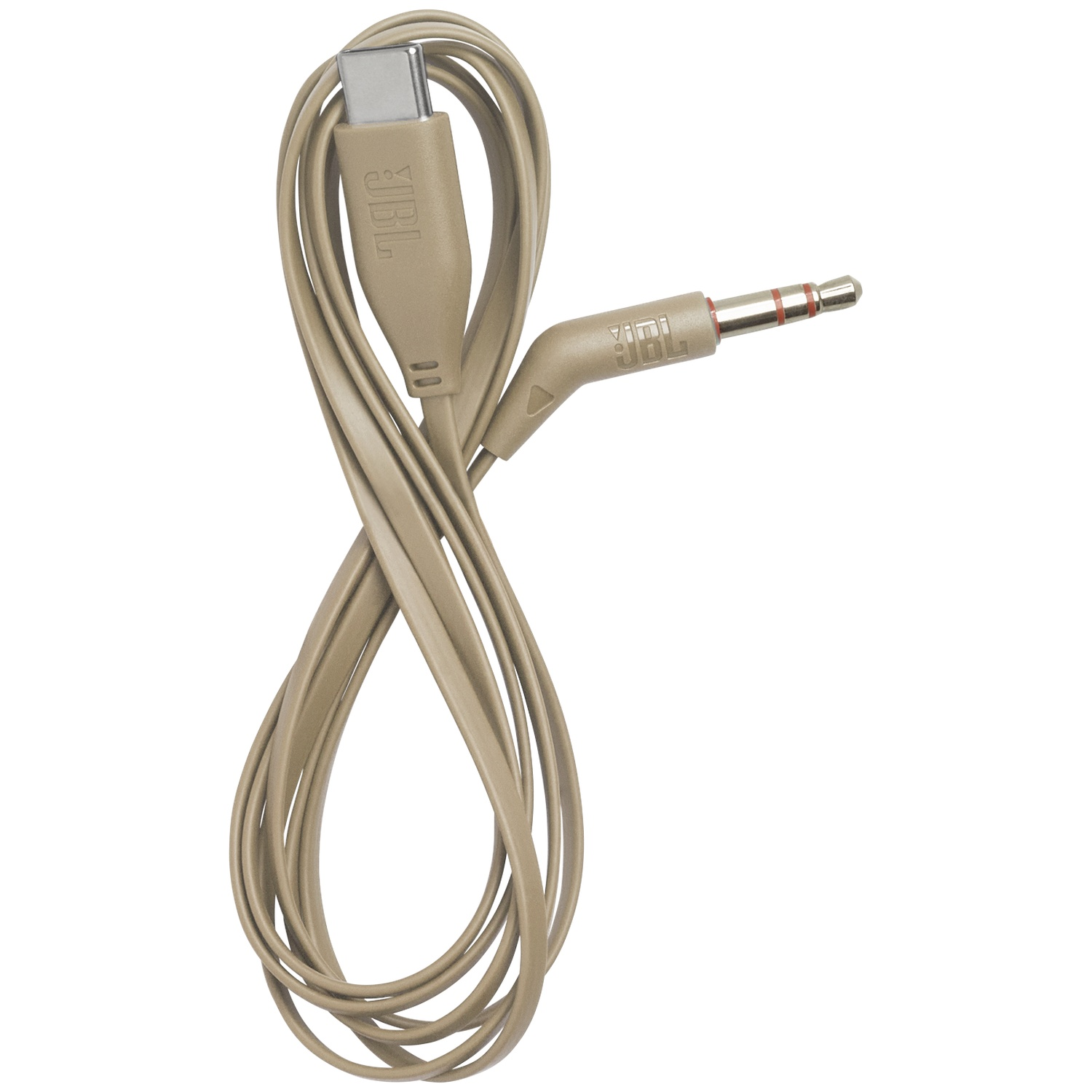 Un câble JBL beige avec un connecteur USB-C et une prise jack 3,5 mm. Le câble est en boucle et repose sur fond blanc.
