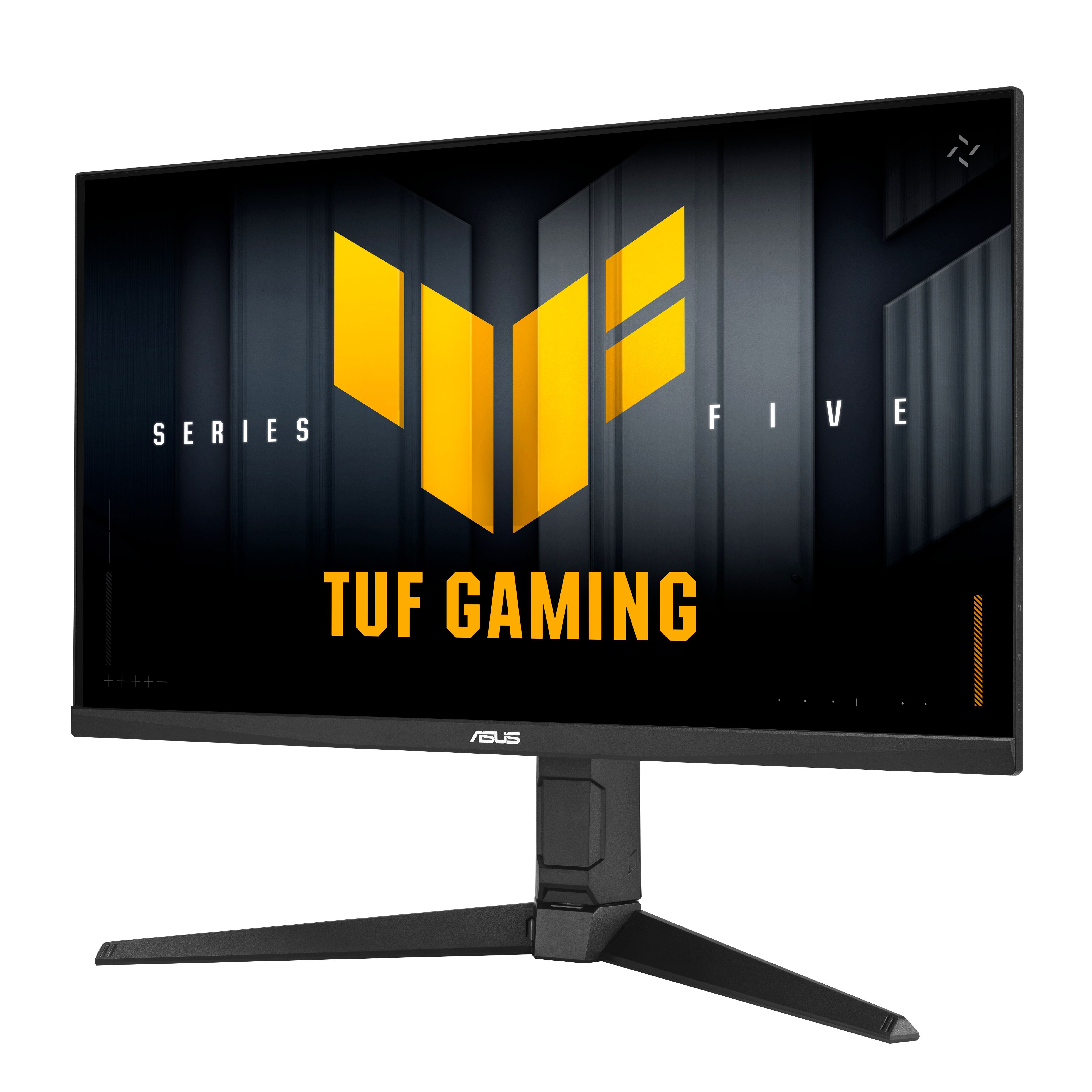 Ein schwarzer Monitor mit dem ASUS-Logo. Der Bildschirm zeigt den Text „TUF GAMING“ und ein Logo mit gelben Akzenten.