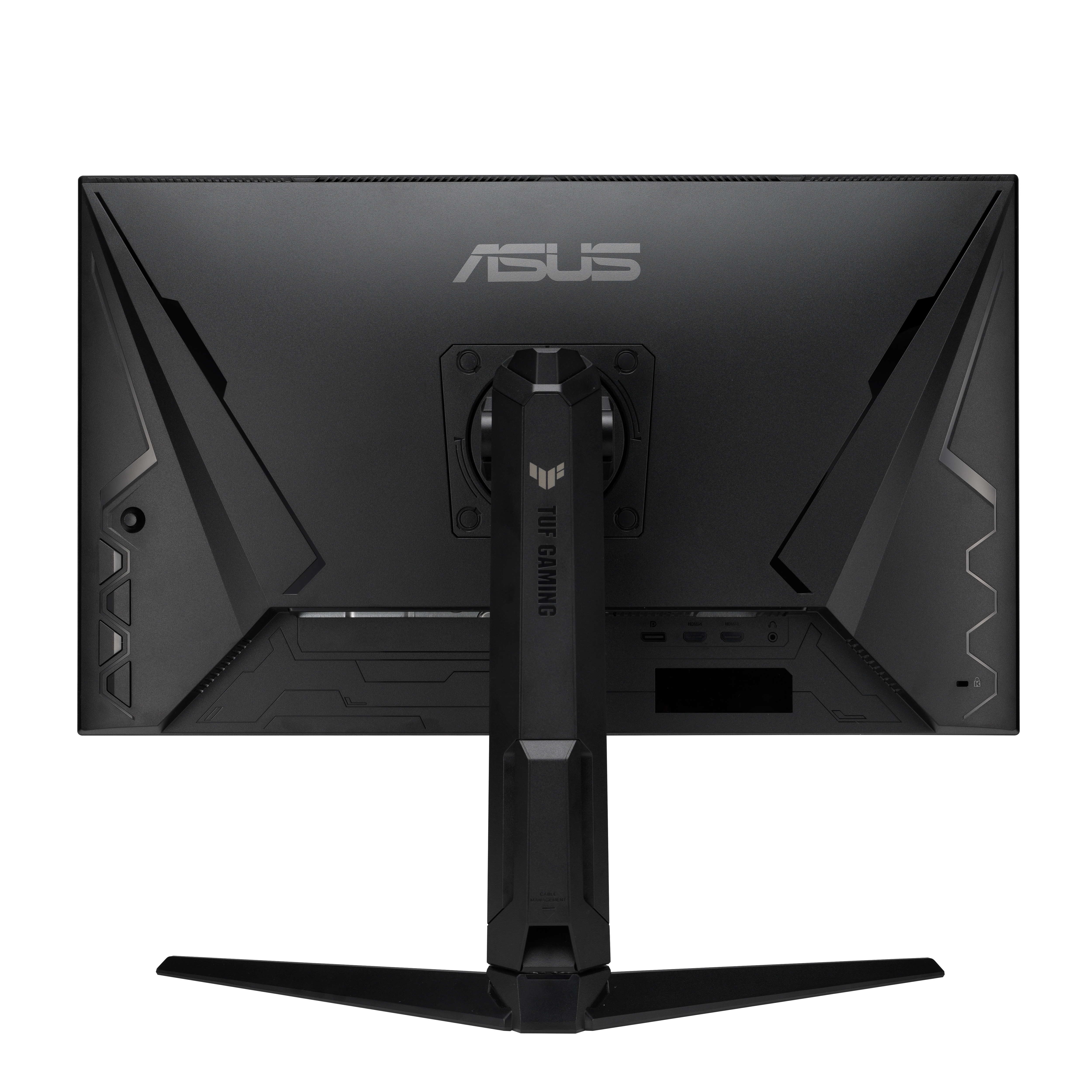 Rückansicht des schwarzen ASUS TUF Gaming Monitors. Mit Markenlogo und Anschlüssen. Der Ständer ist schwarz und hat eine breite Basis.