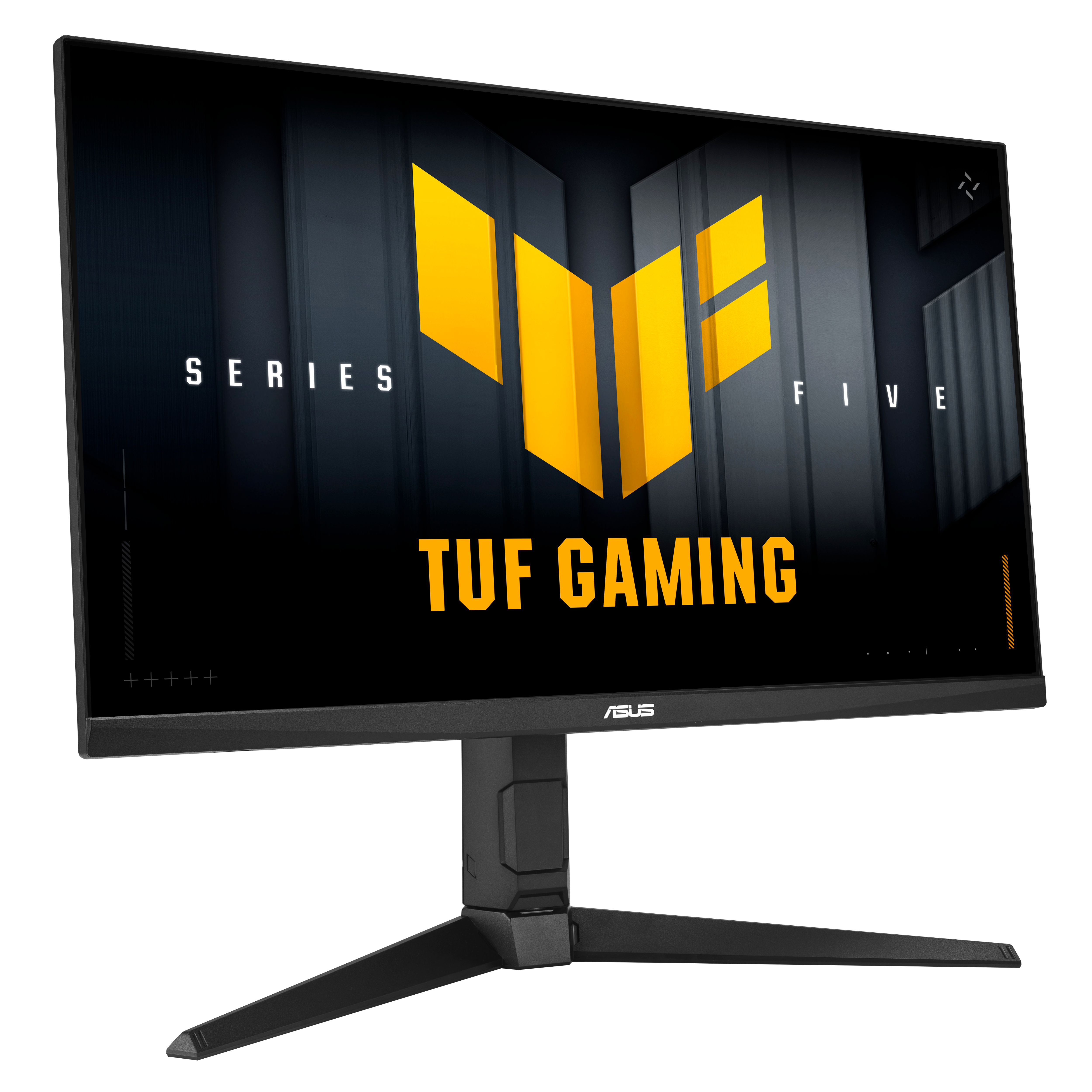 Schwarzer Computermonitor mit gelbem TUF Gaming-Logo. Der Bildschirm zeigt 'Series Five'. Er hat einen schwarzen Ständer und weißen Hintergrund.