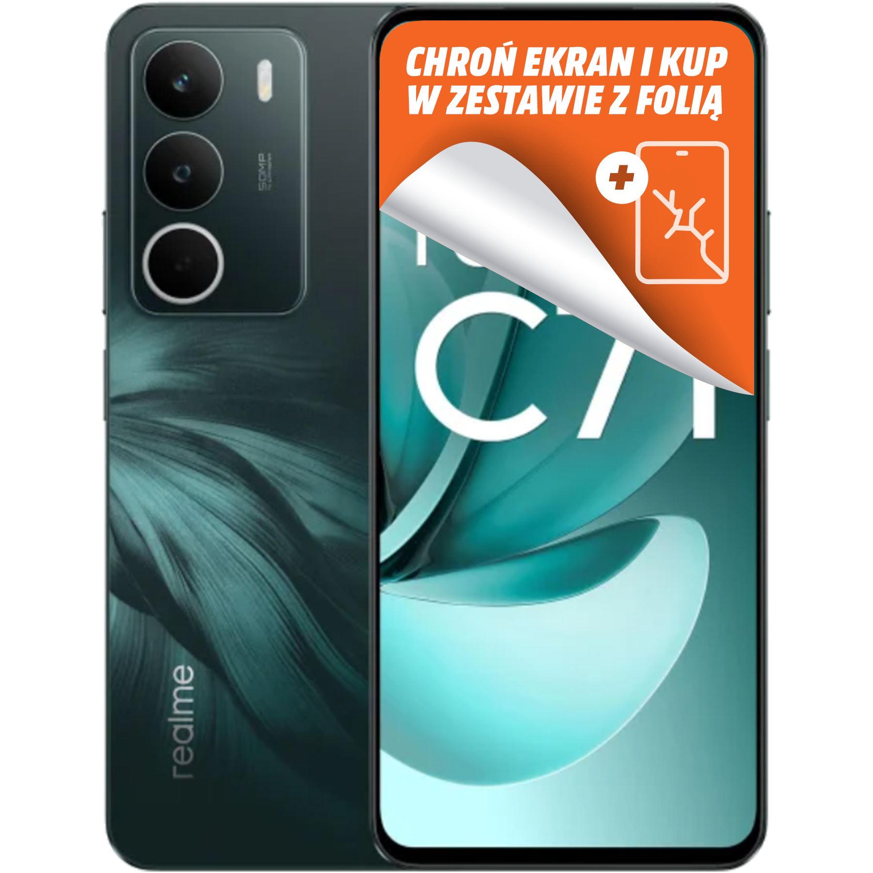 Niebiesko-zielony telefon Realme z ofertą ochrony ekranu. Na ekranie napis C71.