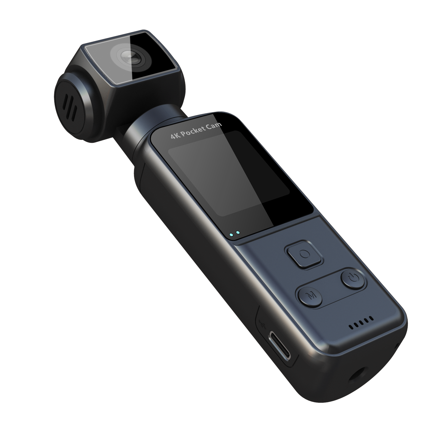 Ekranı, düğmeleri ve dönebilen kamerası olan siyah bir 4K Pocket Cam. Çeşitli taraflarını ve detaylarını gösteren açılı bir şekilde.