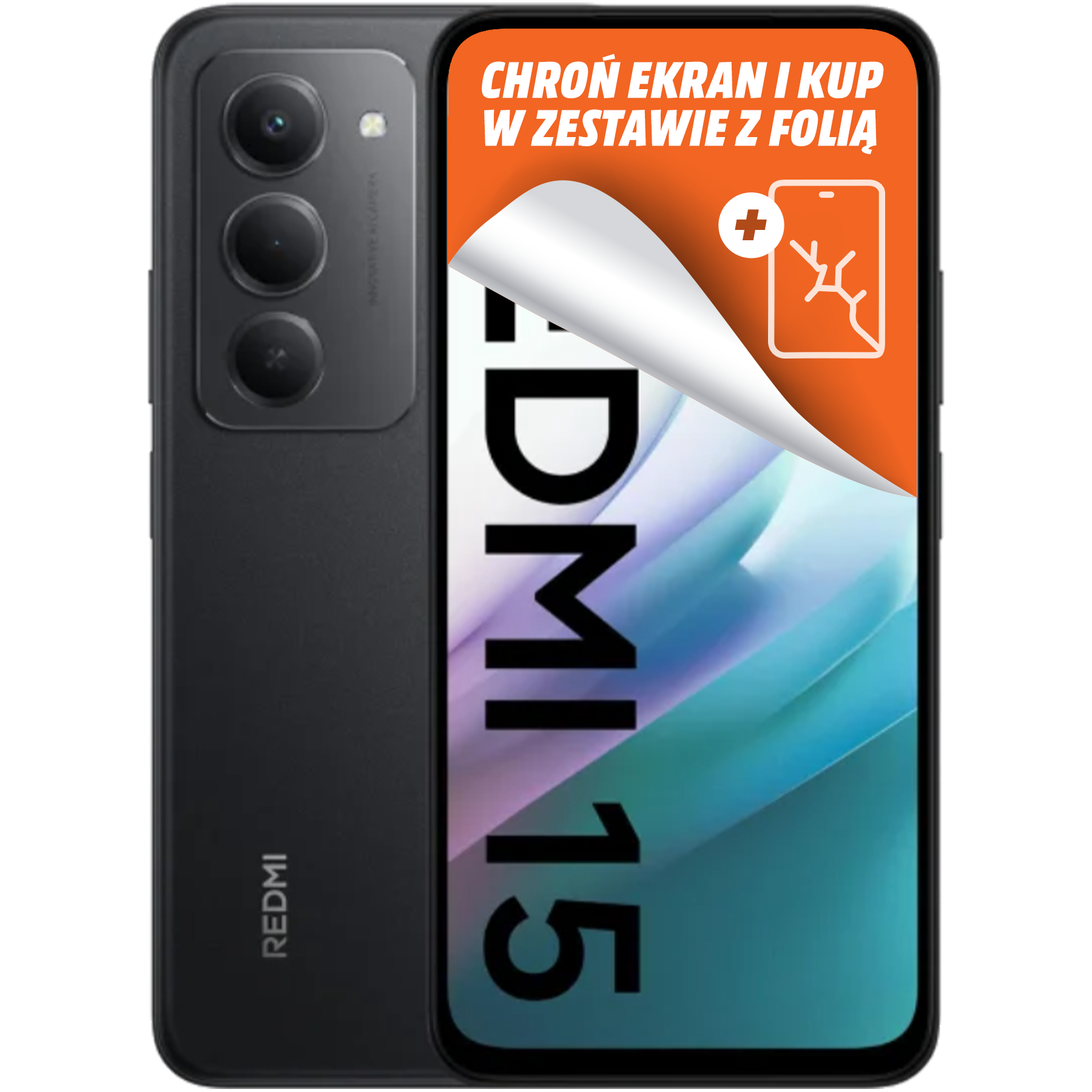 Czarny smartfon Redmi 15, oferta folii ochronnej. Pomarańczowe tło z tekstem i grafiką. Widoczny aparat telefonu.