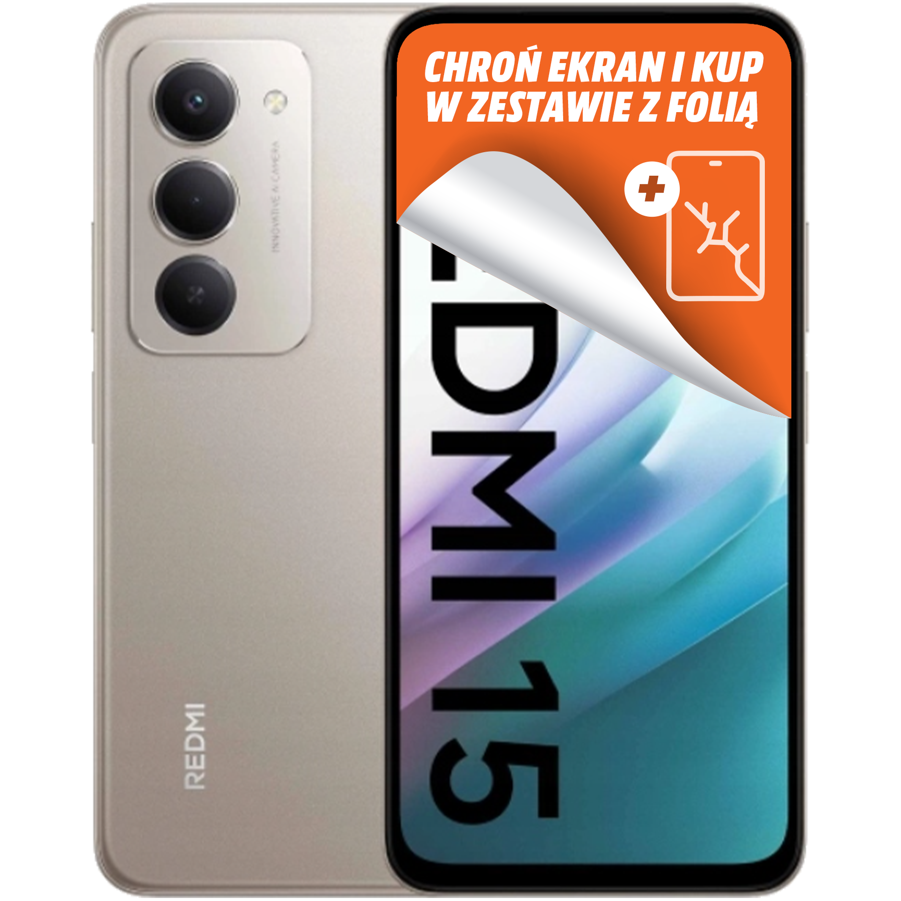 Wyświetlany jest beżowy smartfon z trzema aparatami. Ekran pokazuje ofertę folii ochronnej. Marka to Redmi.