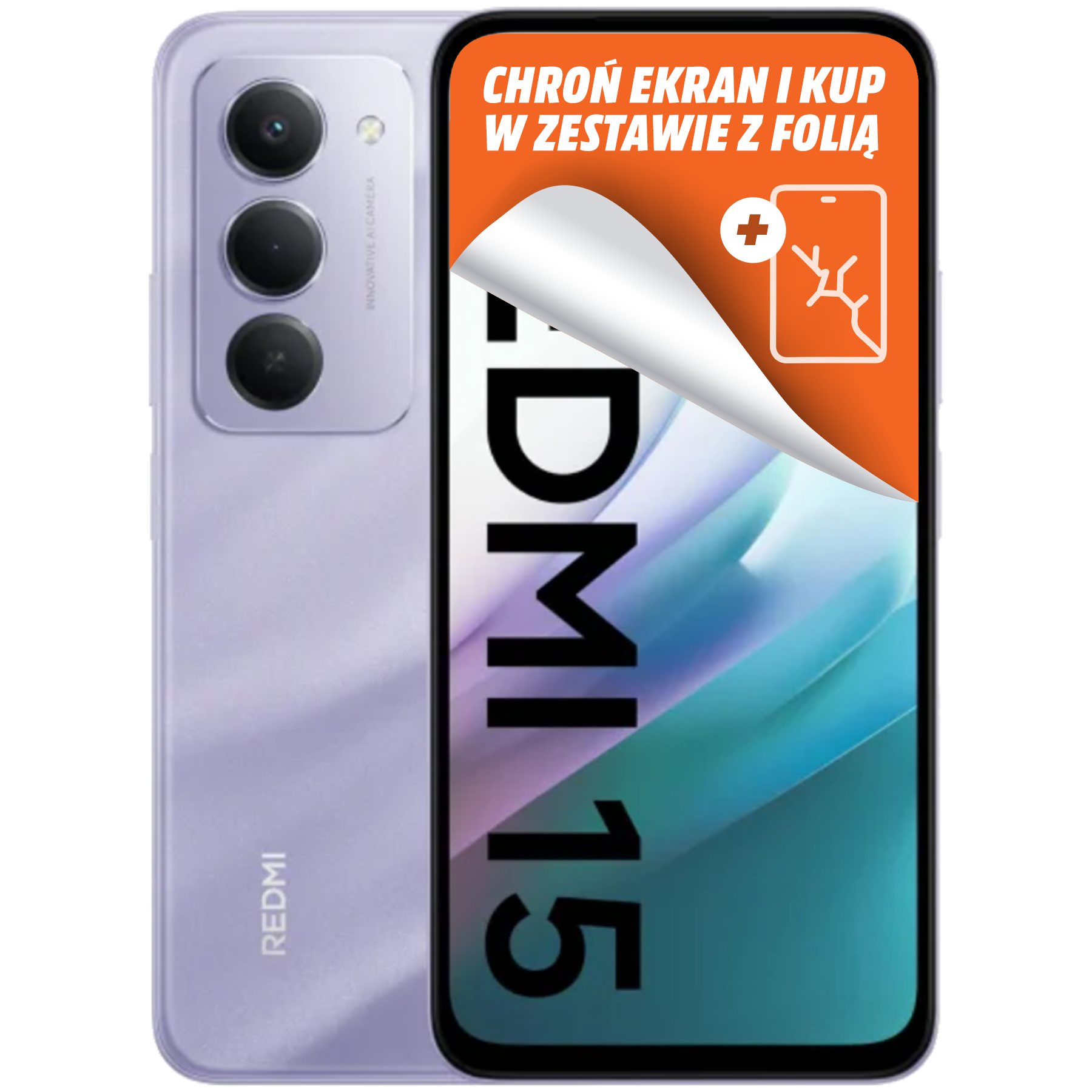Fioletowy telefon Redmi z trzema aparatami. Ekran wyświetla ofertę folii ochronnej.