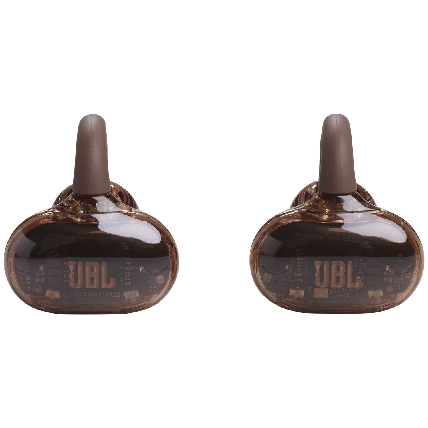 Deux écouteurs sans fil JBL. Chaque écouteur a une pointe marron foncé et un boîtier transparent. Le logo JBL est visible.