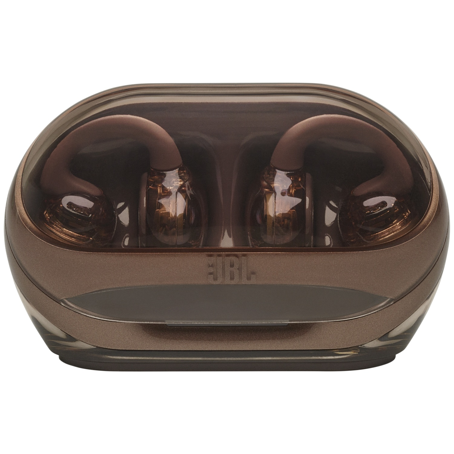 Un étui de chargement d'écouteurs JBL marron, avec des écouteurs à l'intérieur. L'étui est transparent, montrant les écouteurs. Le logo JBL est visible.