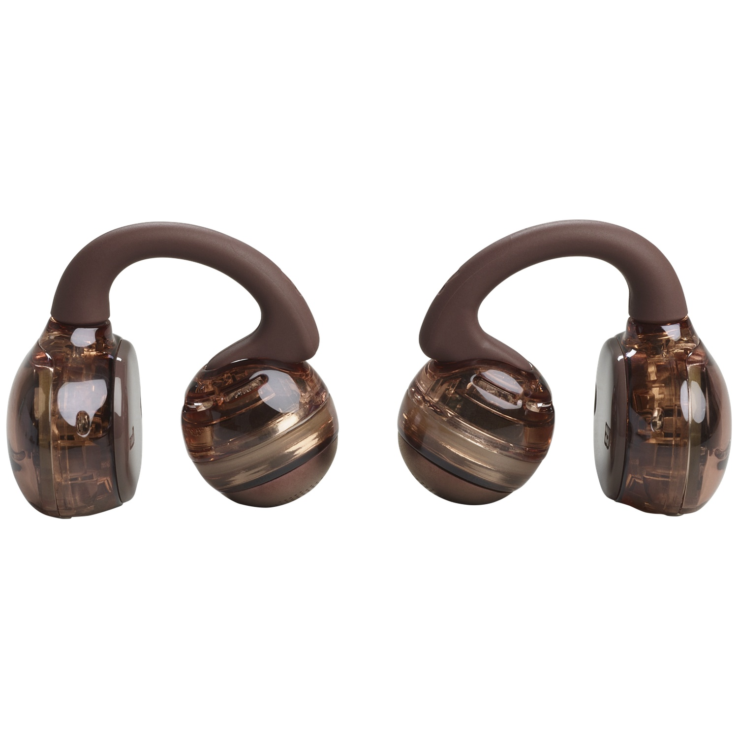 Deux ensembles de casques avec des arches marron et des écouteurs transparents. Les écouteurs ont des détails internes. Fond blanc.